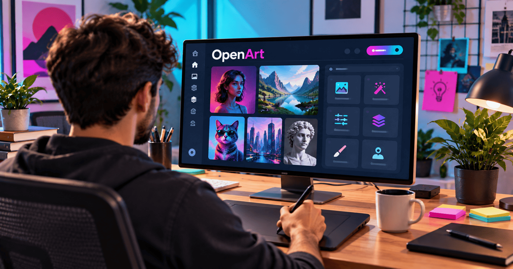 Profesional creativo utiliza OpenArt AI para generar y editar imágenes desde su espacio de trabajo.