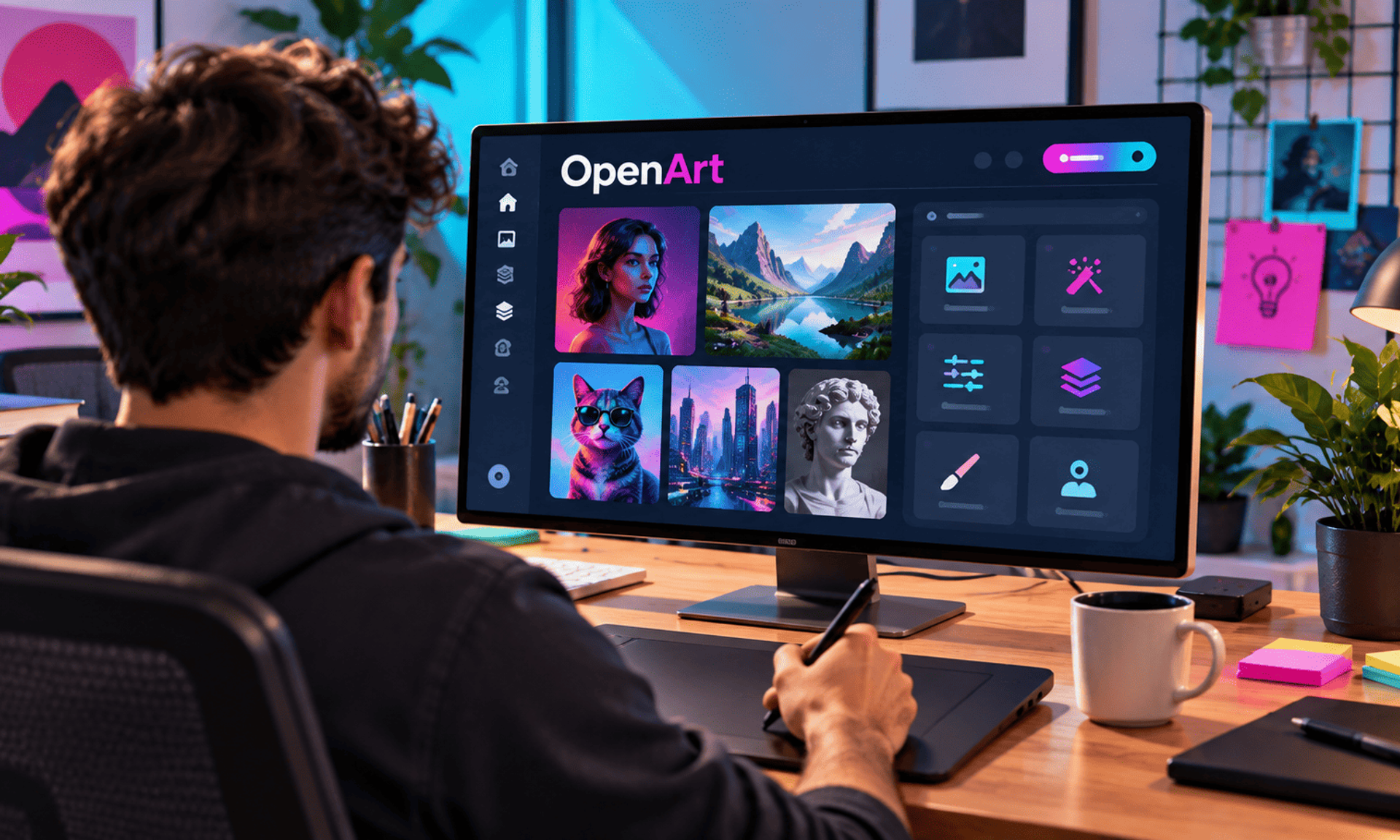 Profesional creativo utiliza OpenArt AI para generar y editar imágenes desde su espacio de trabajo.