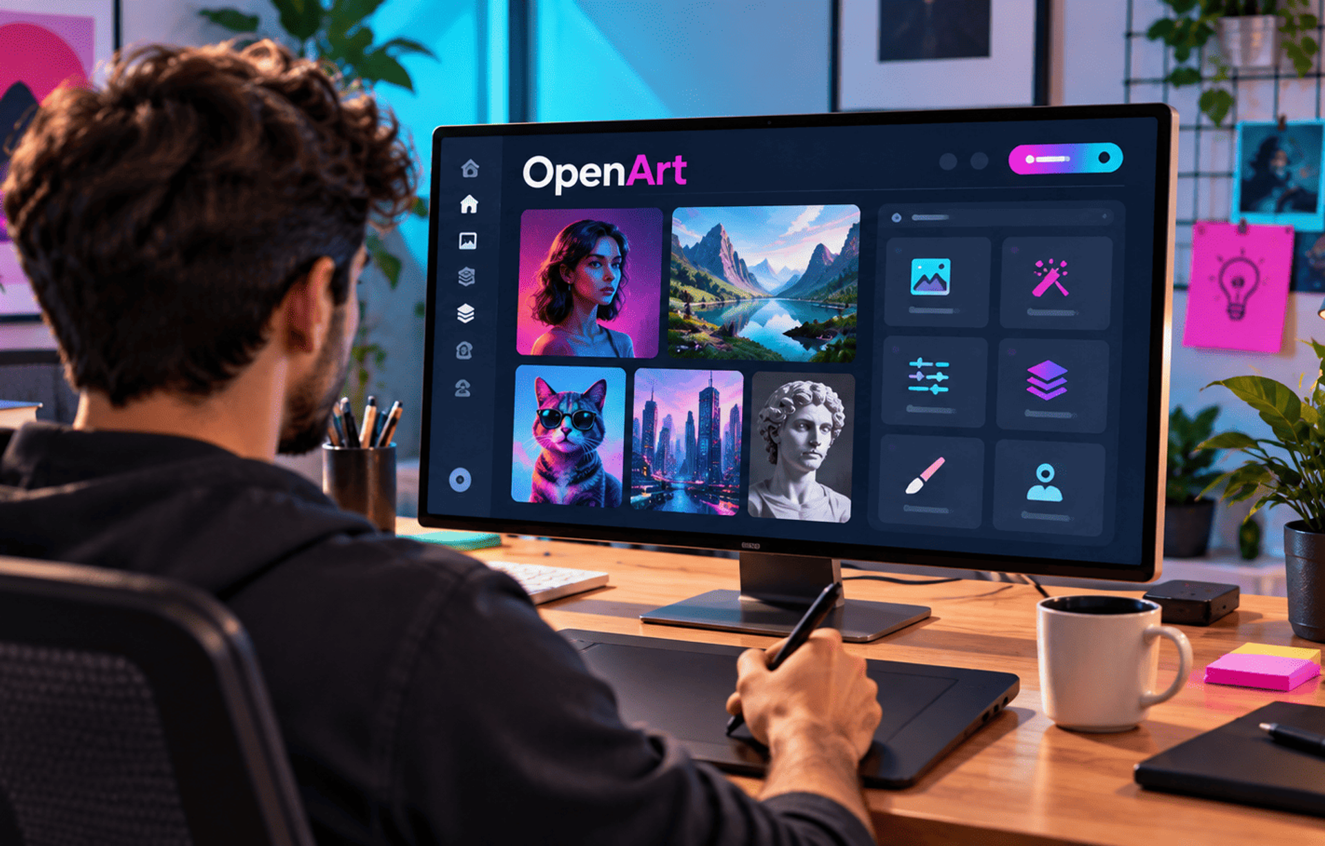 Profesional creativo utiliza OpenArt AI para generar y editar imágenes desde su espacio de trabajo.