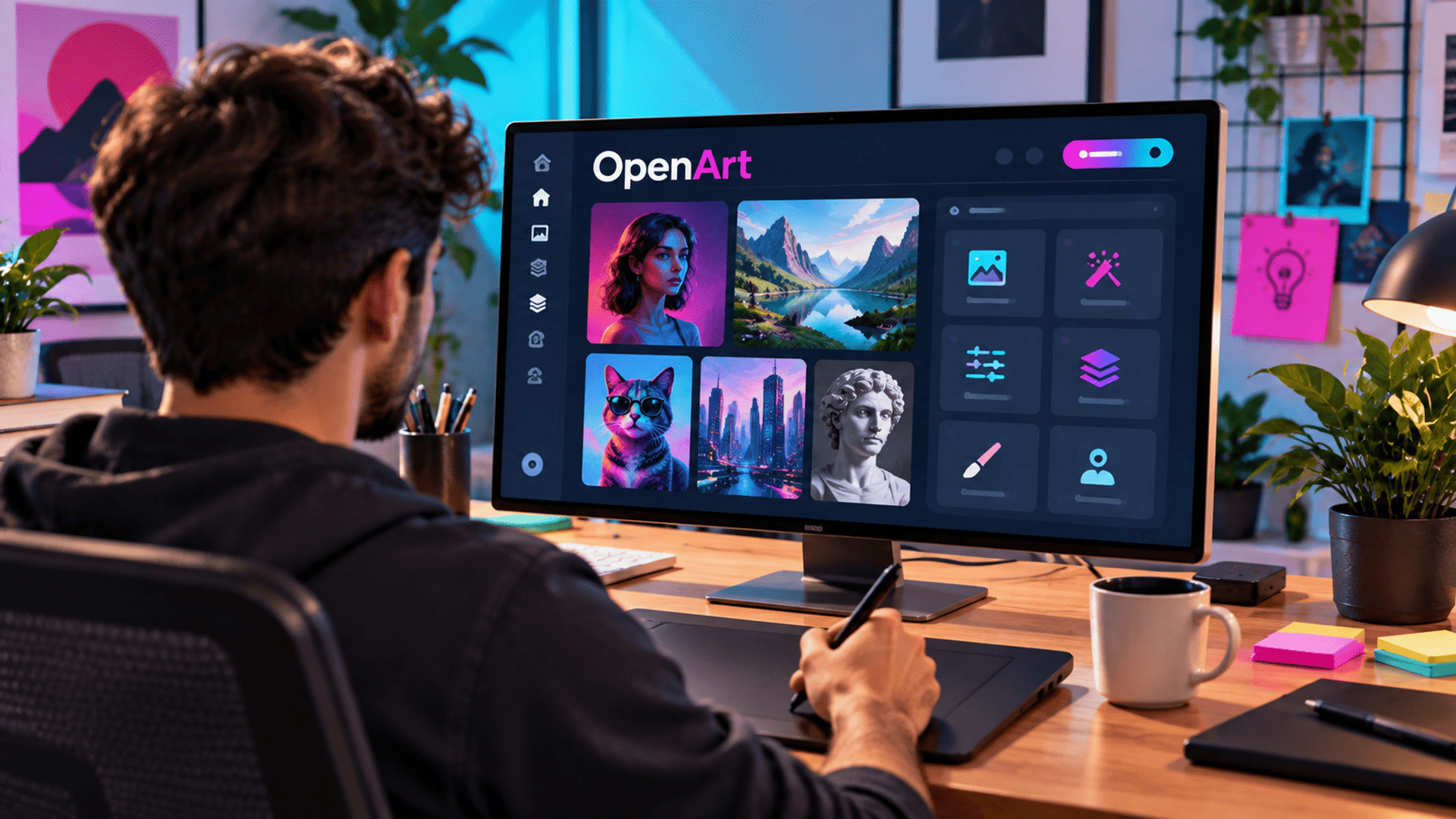 Profesional creativo utiliza OpenArt AI para generar y editar imágenes desde su espacio de trabajo.