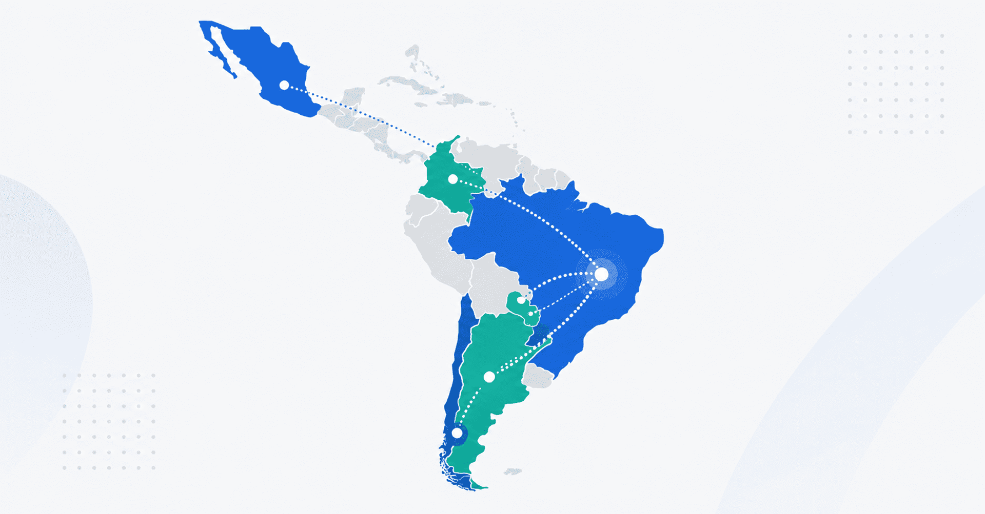 Mapa minimalista de América Latina con países conectados mediante una red digital regional.