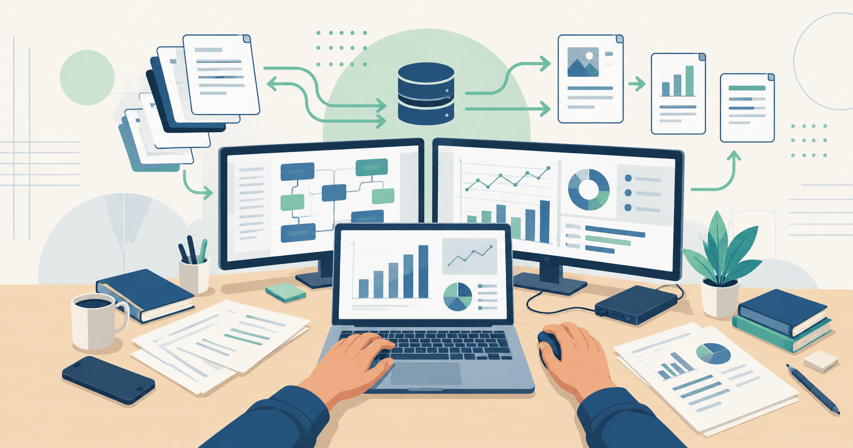Procesamiento y análisis de datos con múltiples pantallas, documentos y flujos de información conectados.