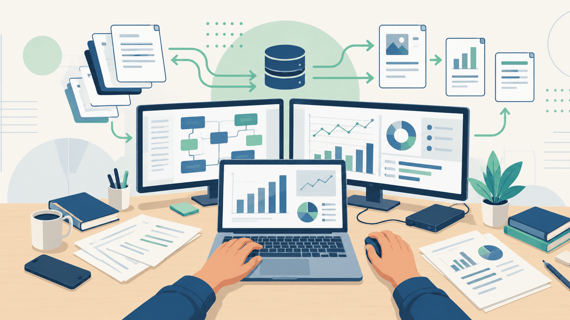 Procesamiento y análisis de datos con múltiples pantallas, documentos y flujos de información conectados.