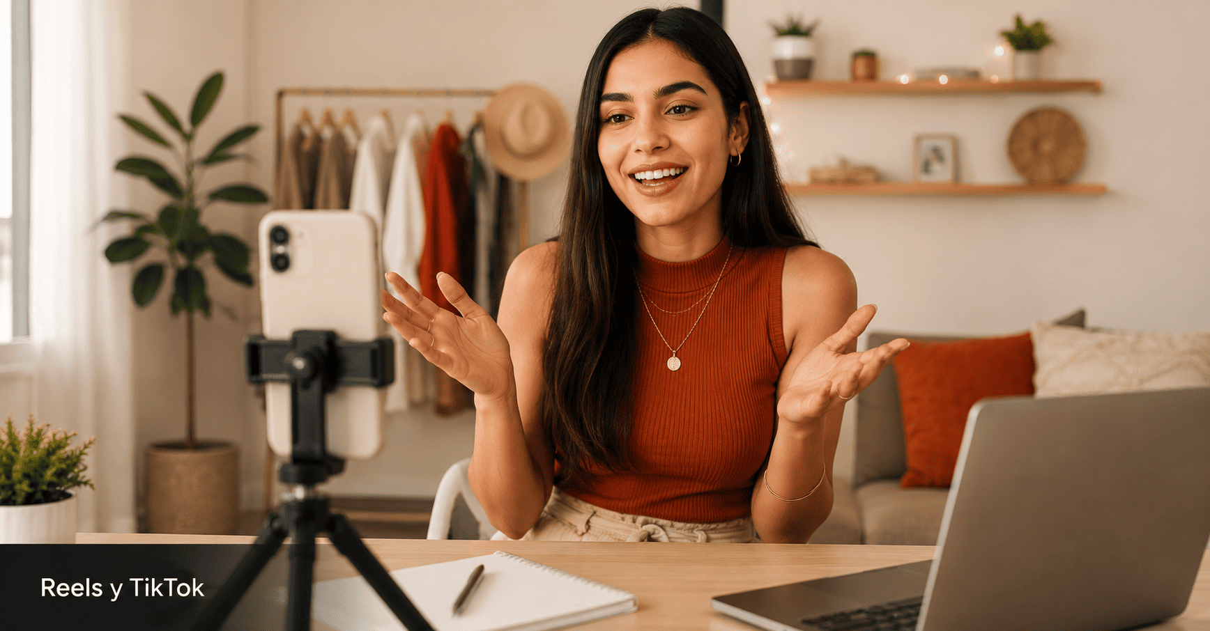 Mujer joven latinoamericana grabando video con smartphone en tripode para crear contenido de Reels y TikTok.