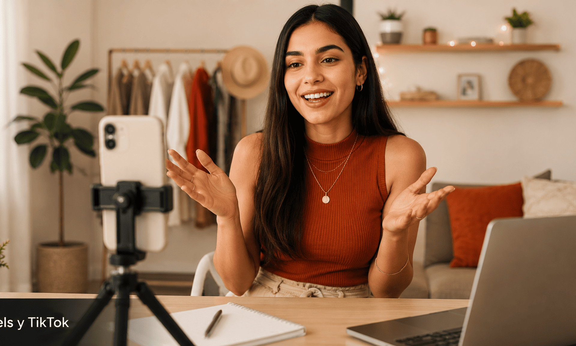 Mujer joven latinoamericana grabando video con smartphone en tripode para crear contenido de Reels y TikTok.