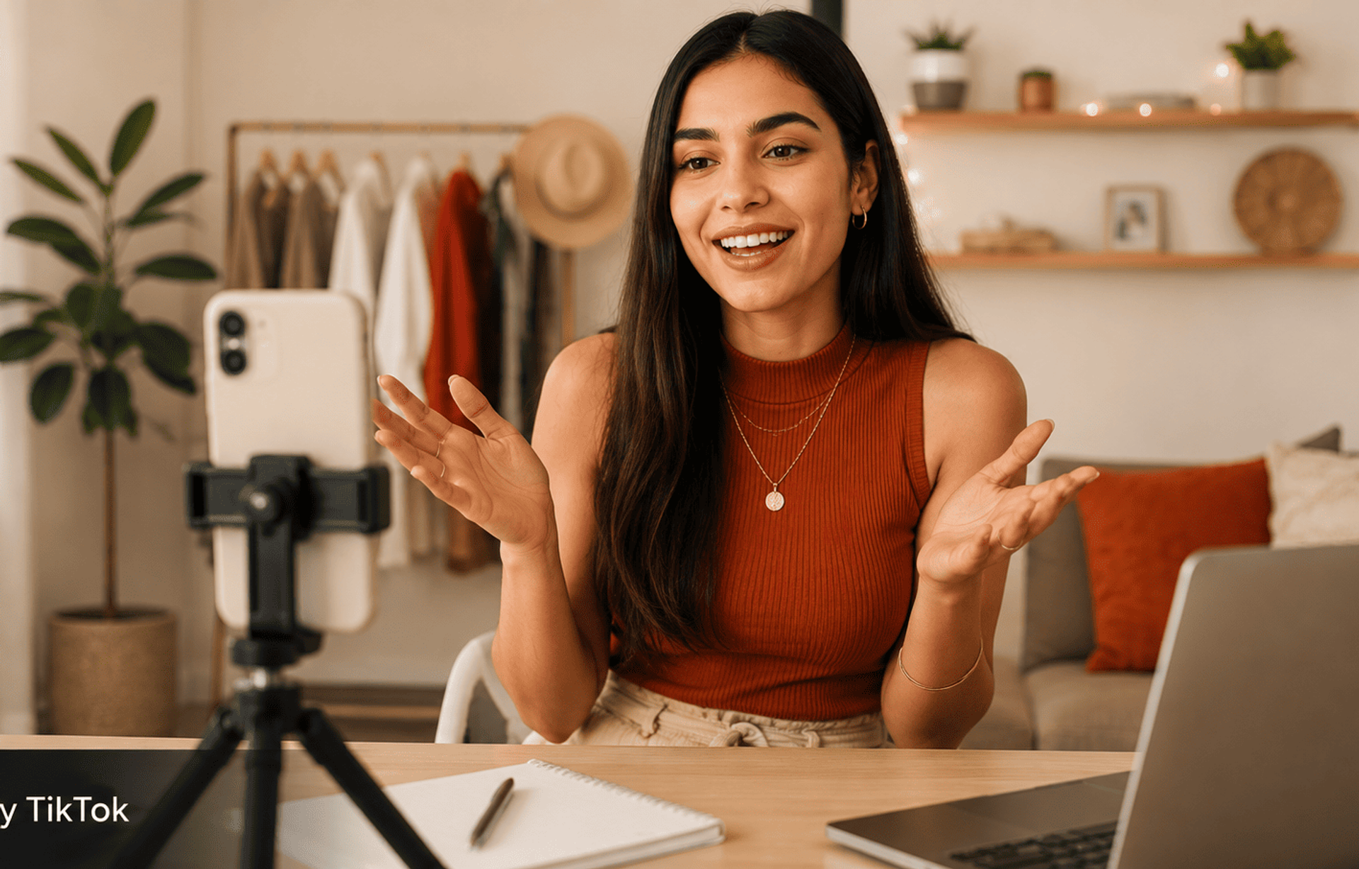 Mujer joven latinoamericana grabando video con smartphone en tripode para crear contenido de Reels y TikTok.