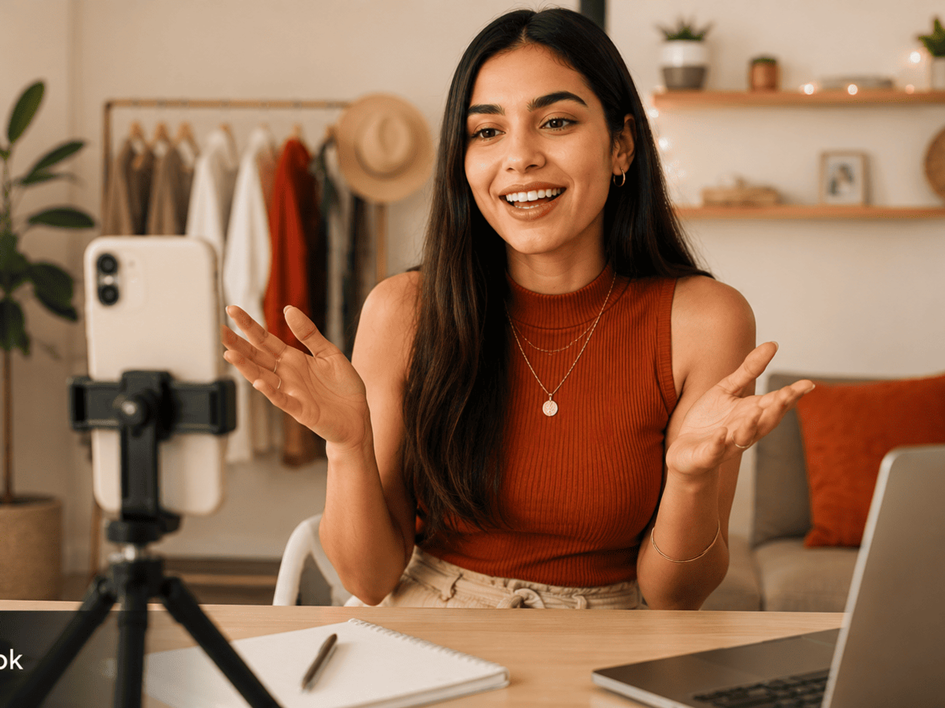 Mujer joven latinoamericana grabando video con smartphone en tripode para crear contenido de Reels y TikTok.