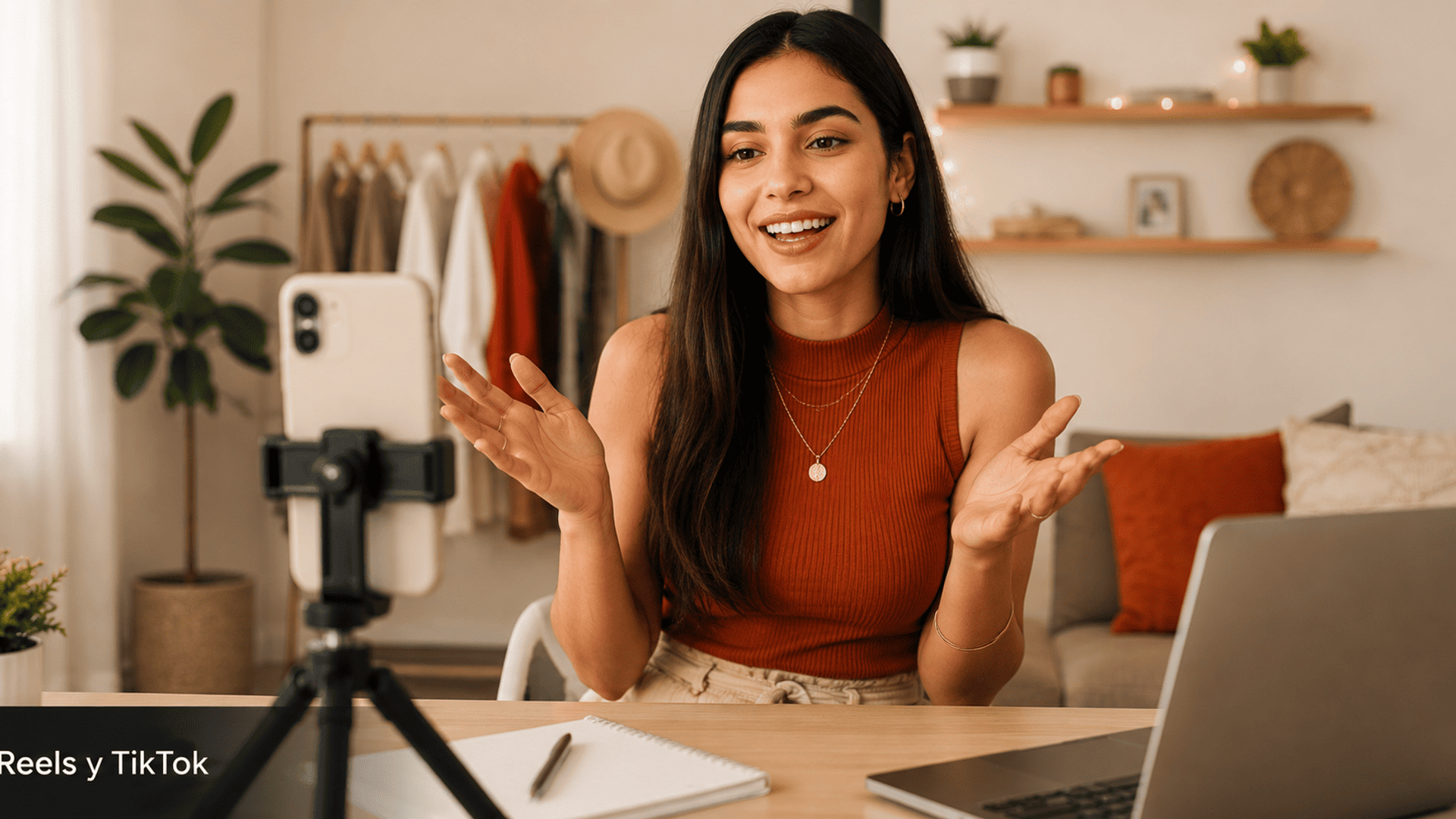Mujer joven latinoamericana grabando video con smartphone en tripode para crear contenido de Reels y TikTok.