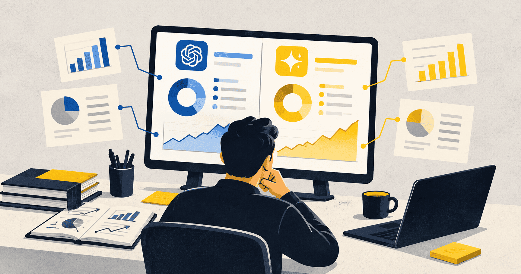 Análisis comparativo del rendimiento y la visibilidad de herramientas de IA mediante gráficos y métricas digitales.
