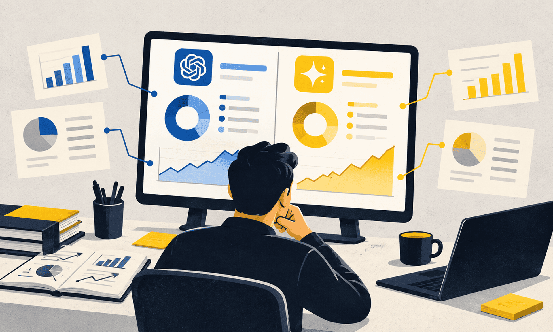 Análisis comparativo del rendimiento y la visibilidad de herramientas de IA mediante gráficos y métricas digitales.