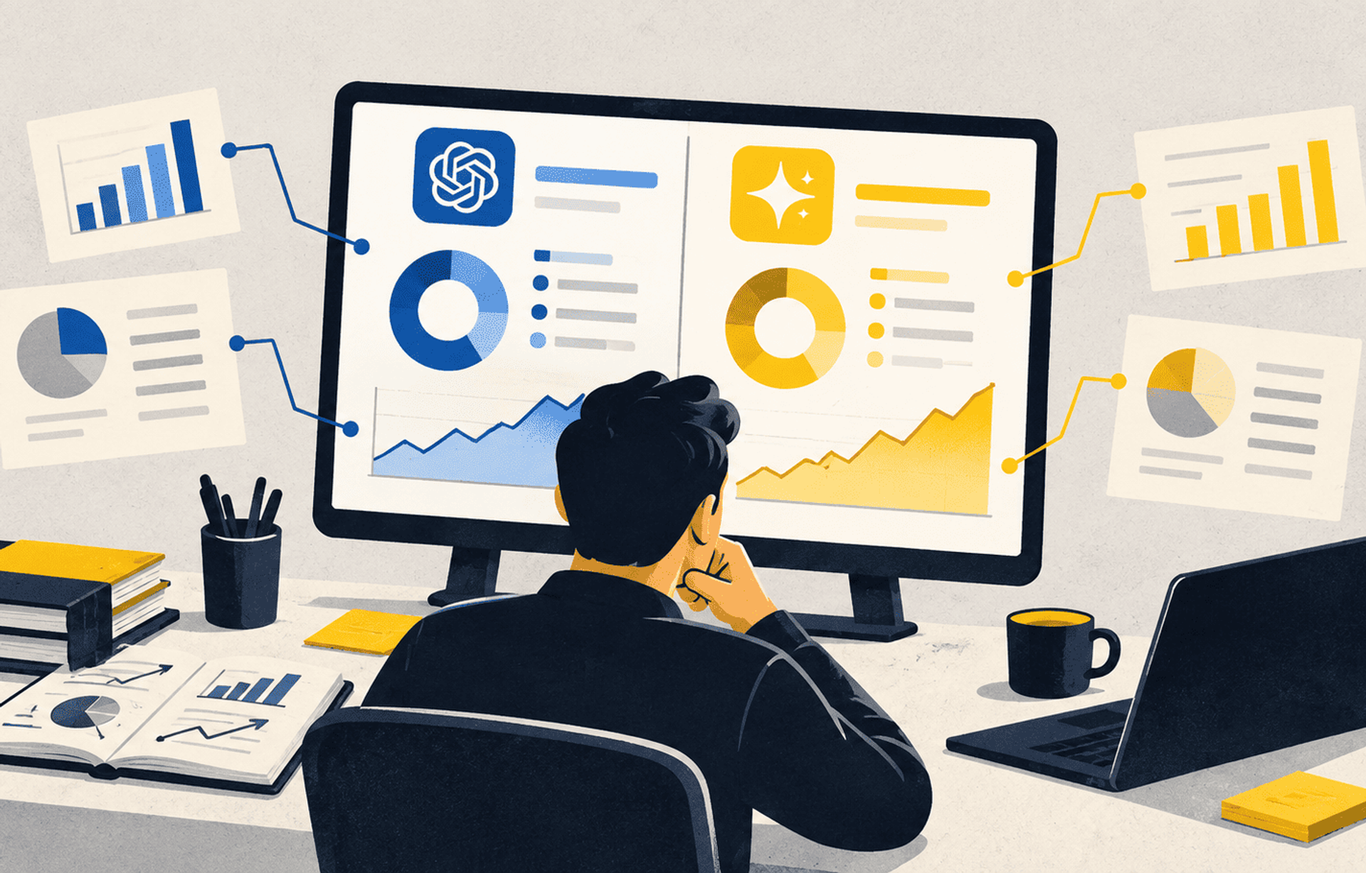 Análisis comparativo del rendimiento y la visibilidad de herramientas de IA mediante gráficos y métricas digitales.