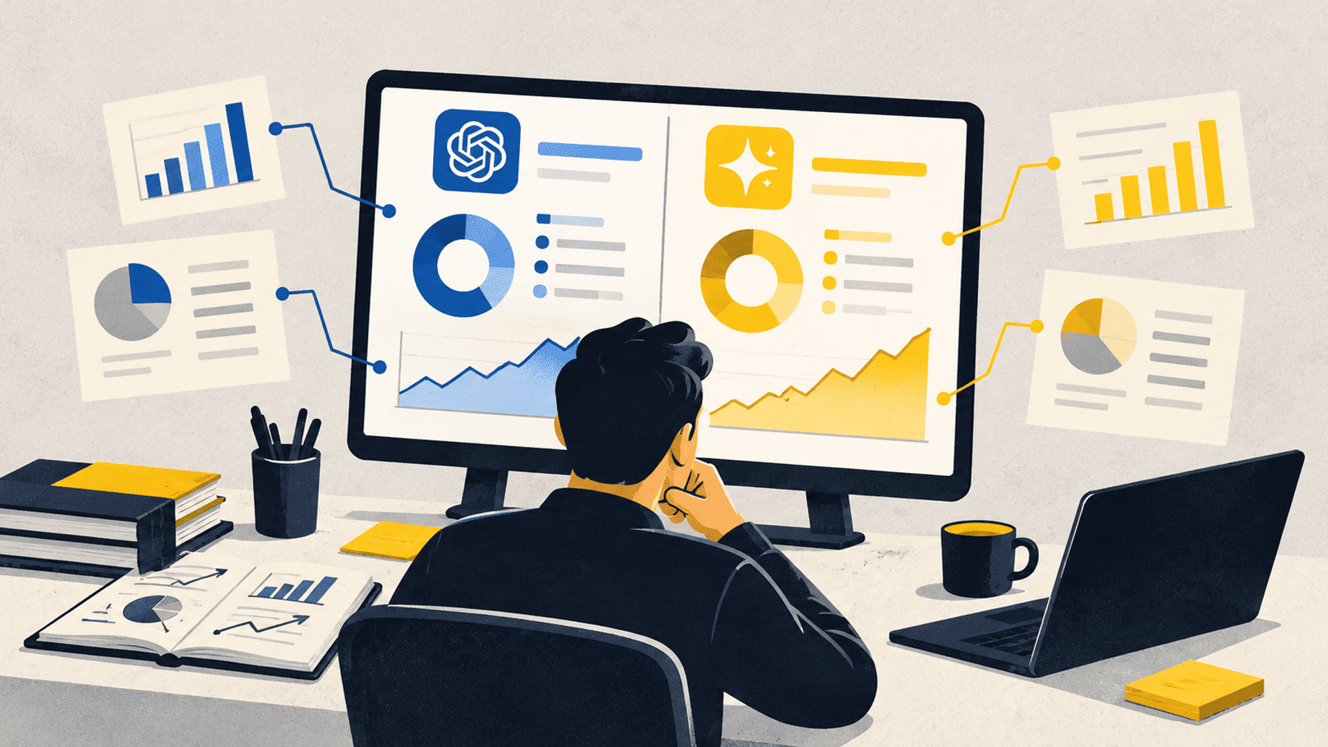 Análisis comparativo del rendimiento y la visibilidad de herramientas de IA mediante gráficos y métricas digitales.