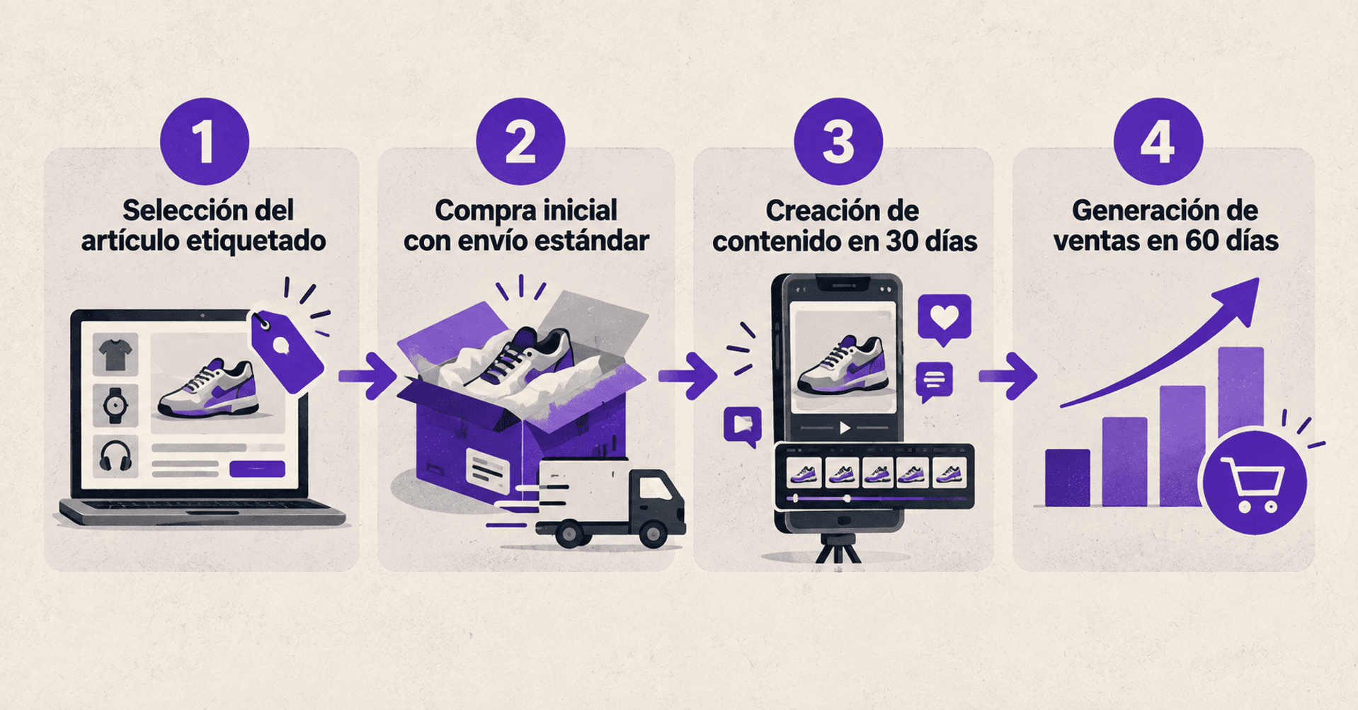 Proceso en cuatro pasos: selección del producto, compra, creación de contenido y generación de ventas.