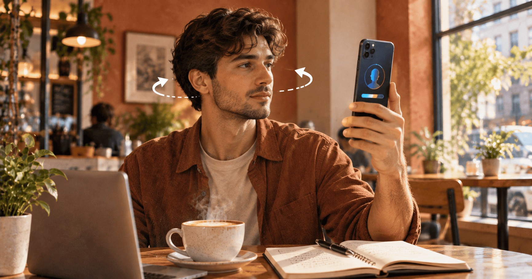Usuario sigue instrucciones de IA en su smartphone mientras toma café.