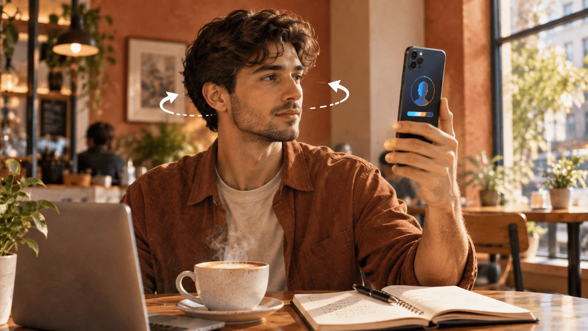 Usuario sigue instrucciones de IA en su smartphone mientras toma café.
