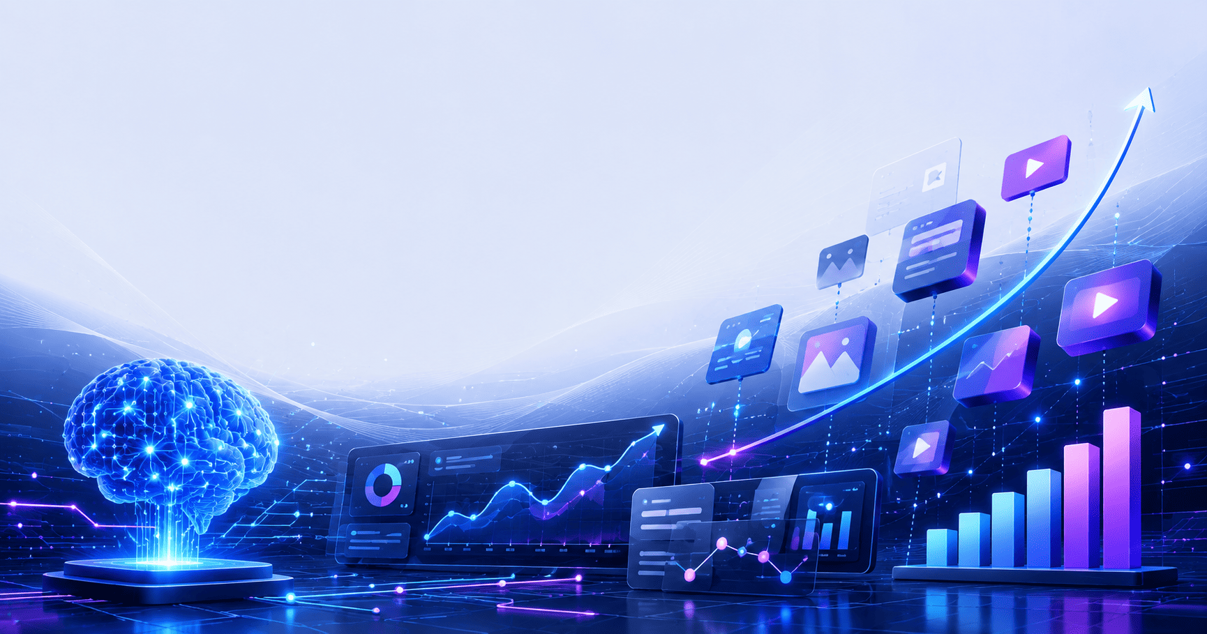Escena futurista con un cerebro de IA, paneles de análisis, gráficos de crecimiento y elementos digitales interconectados.