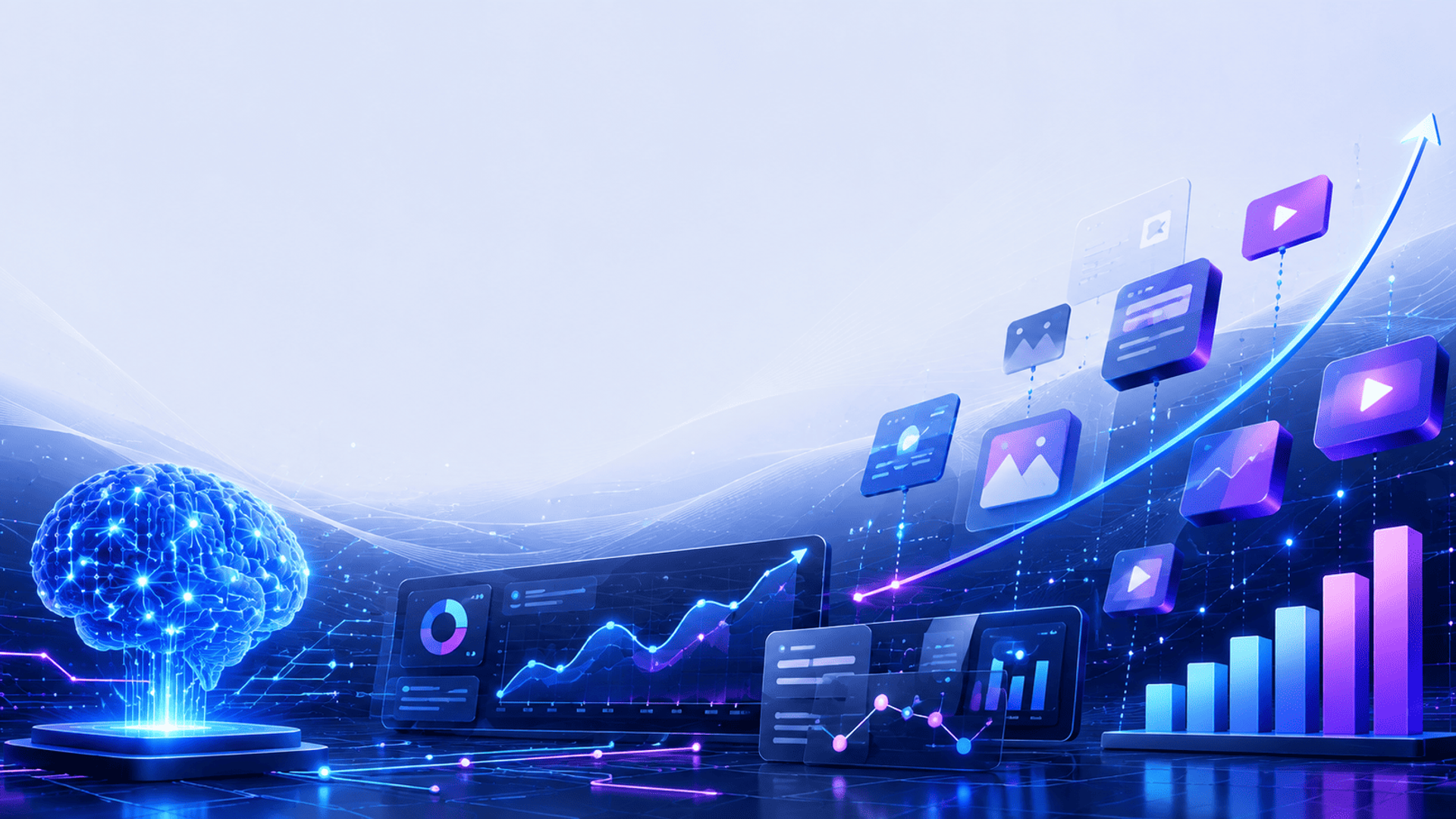 Escena futurista con un cerebro de IA, paneles de análisis, gráficos de crecimiento y elementos digitales interconectados.