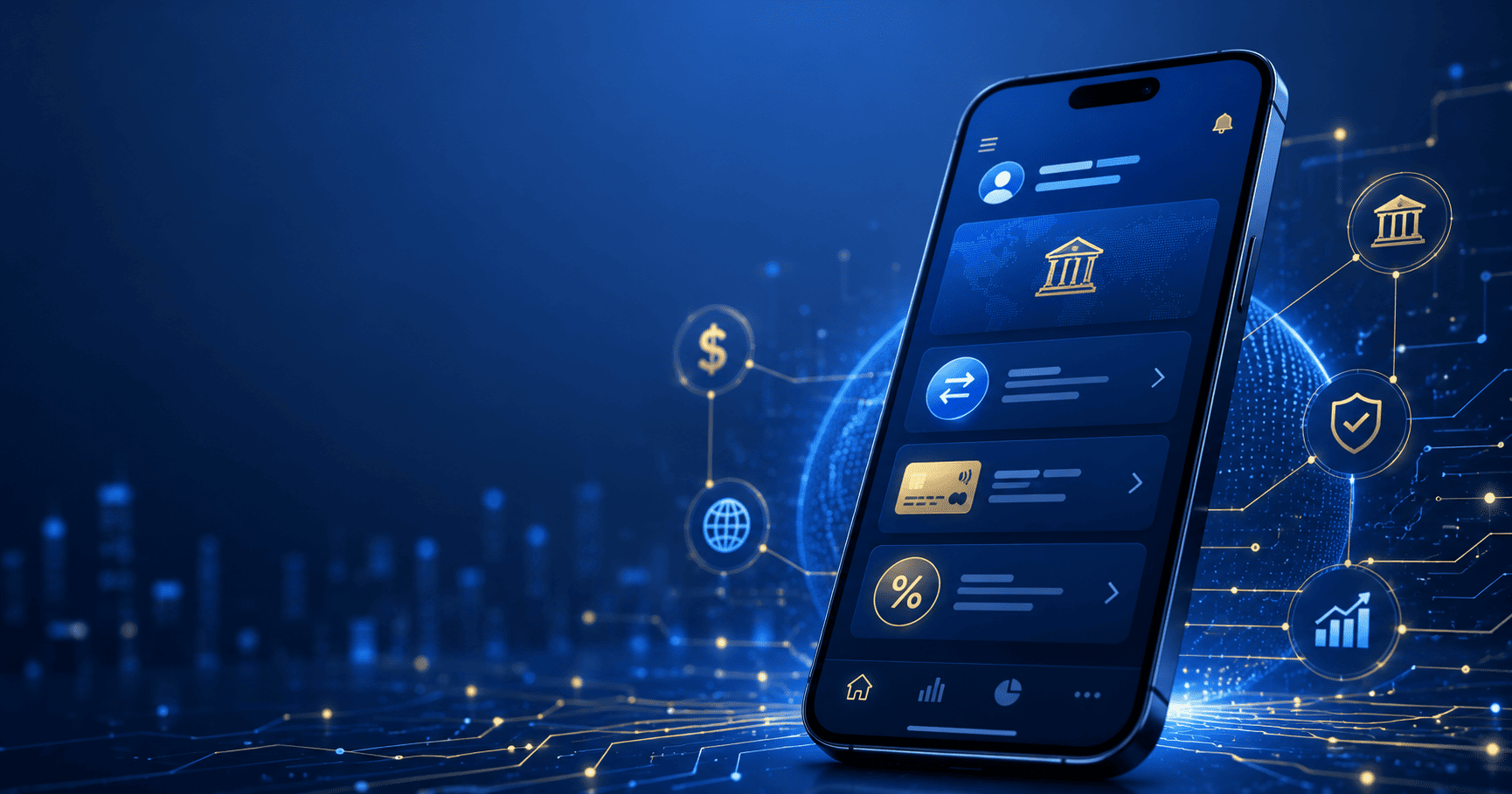 Ilustración futurista de banca móvil con transferencias, tarjeta, rendimiento financiero y red digital integrada.