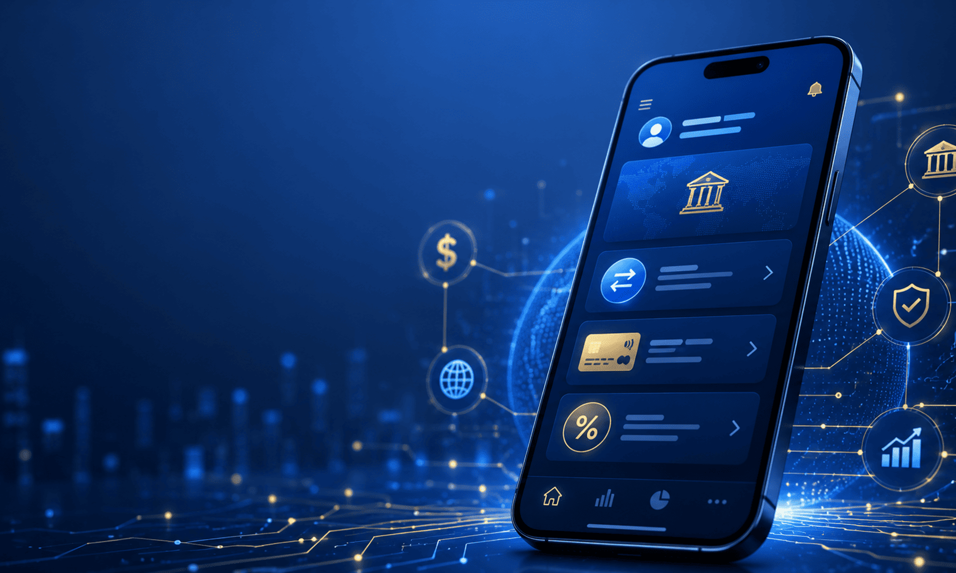 Ilustración futurista de banca móvil con transferencias, tarjeta, rendimiento financiero y red digital integrada.