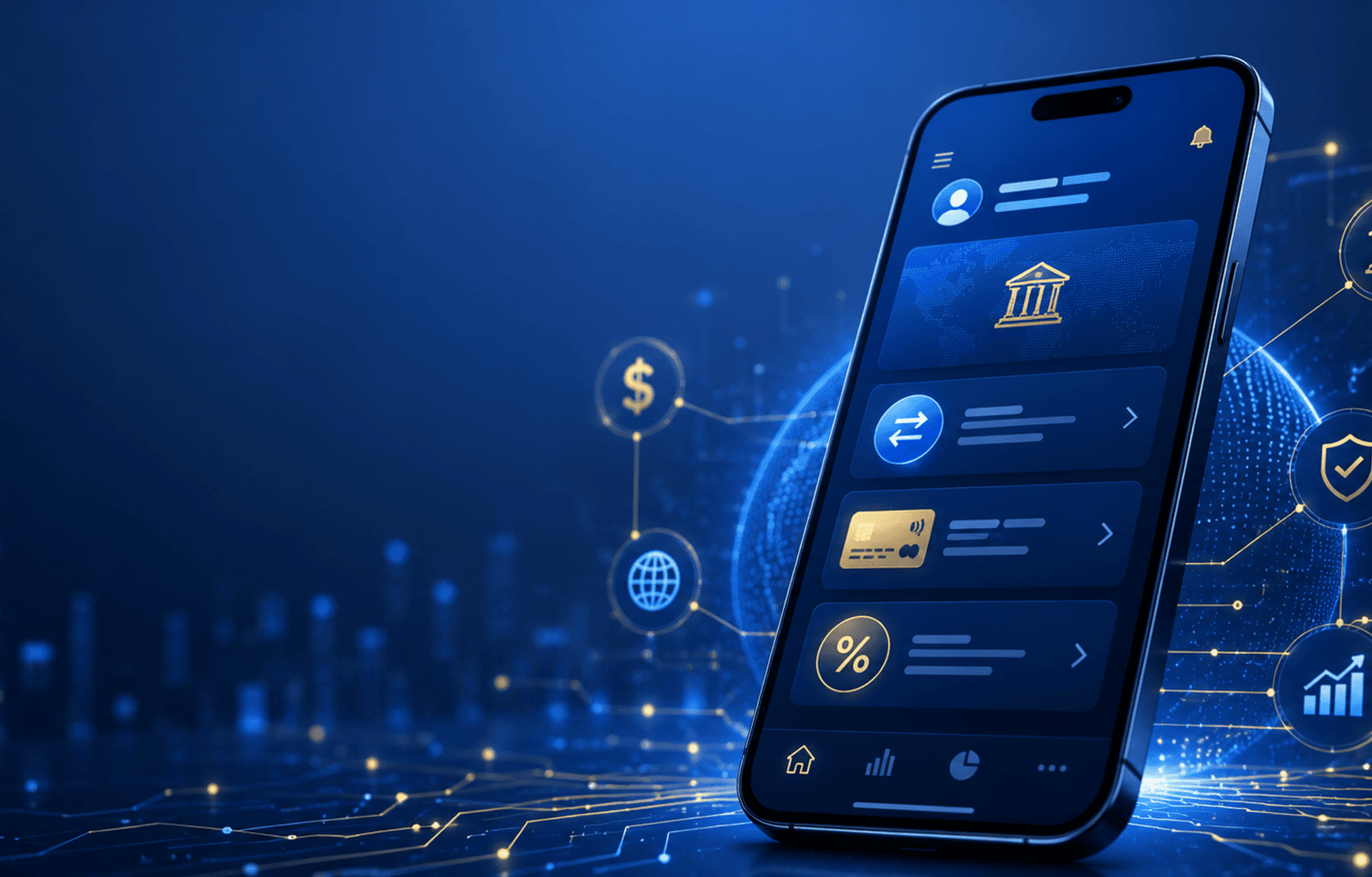 Ilustración futurista de banca móvil con transferencias, tarjeta, rendimiento financiero y red digital integrada.