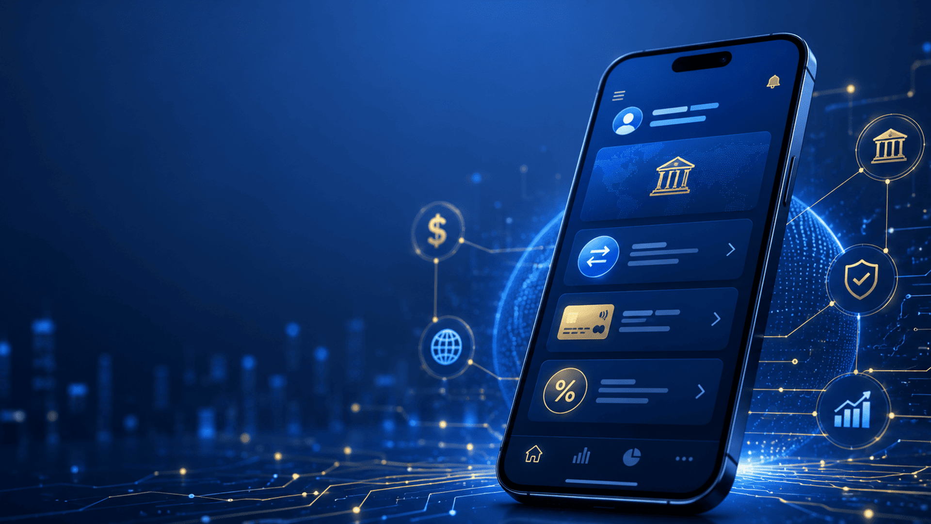 Ilustración futurista de banca móvil con transferencias, tarjeta, rendimiento financiero y red digital integrada.