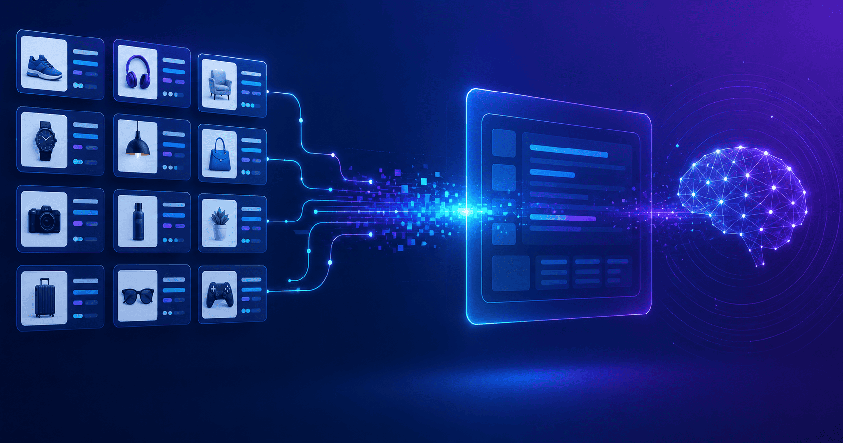Flujo de datos estructurados de productos que alimenta una interfaz de inteligencia artificial mediante conexiones digitales.