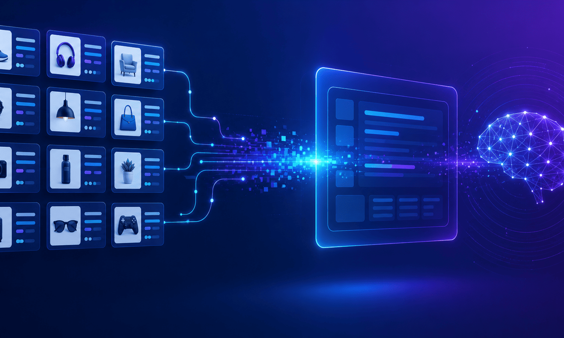 Flujo de datos estructurados de productos que alimenta una interfaz de inteligencia artificial mediante conexiones digitales.
