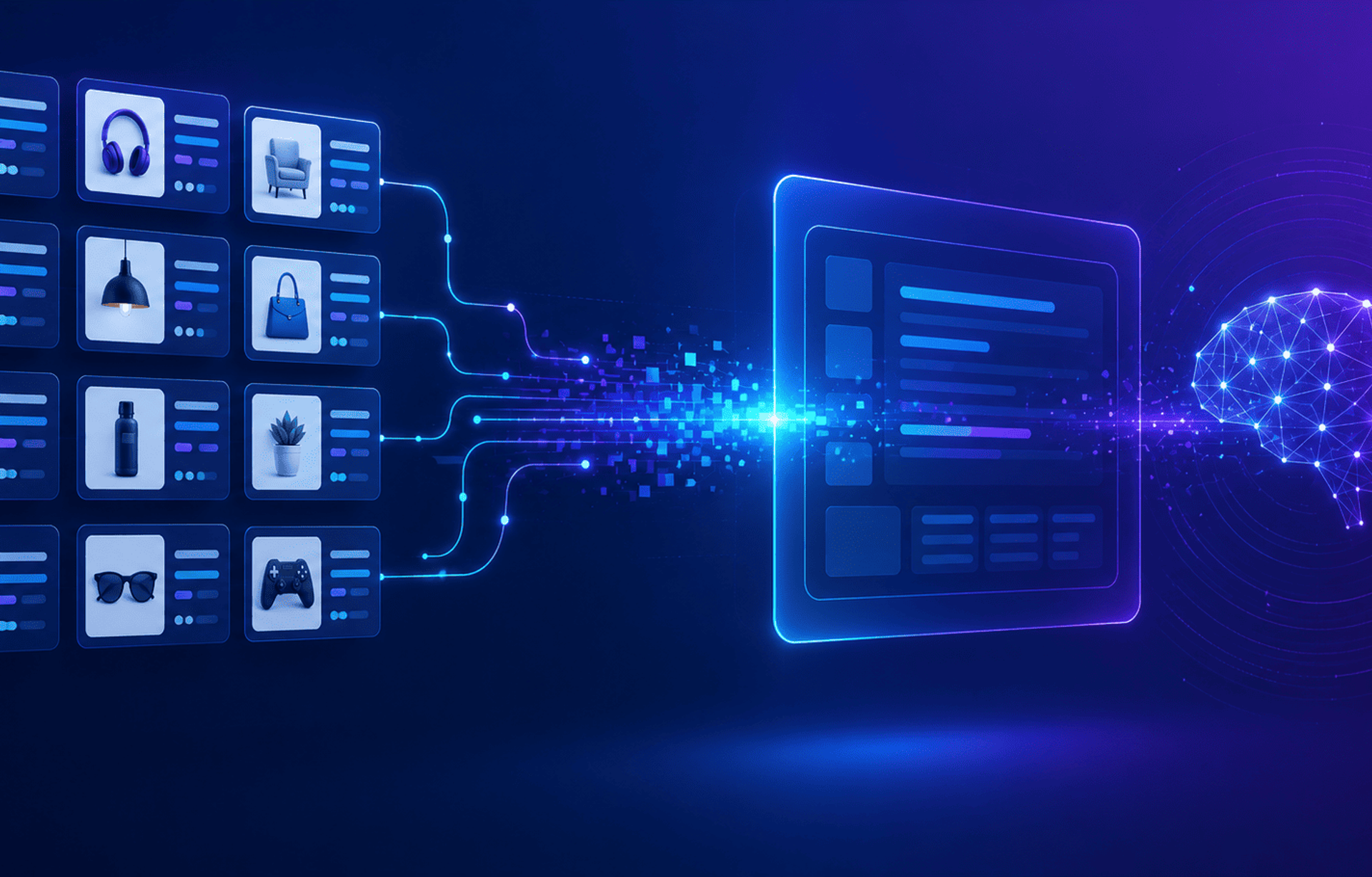 Flujo de datos estructurados de productos que alimenta una interfaz de inteligencia artificial mediante conexiones digitales.