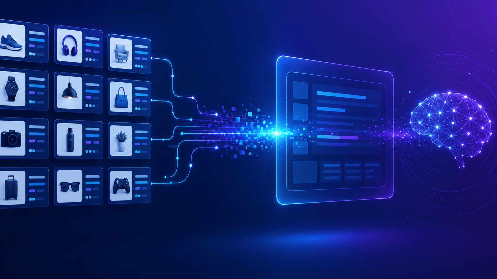 Flujo de datos estructurados de productos que alimenta una interfaz de inteligencia artificial mediante conexiones digitales.