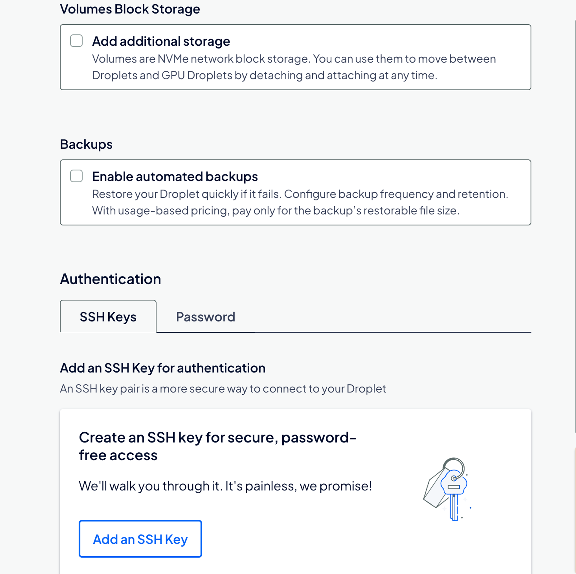 Opciones de almacenamiento, copias de seguridad y autenticación en DigitalOcean; por defecto está activa la pestaña SSH Keys, que hay que cambiar a Password.