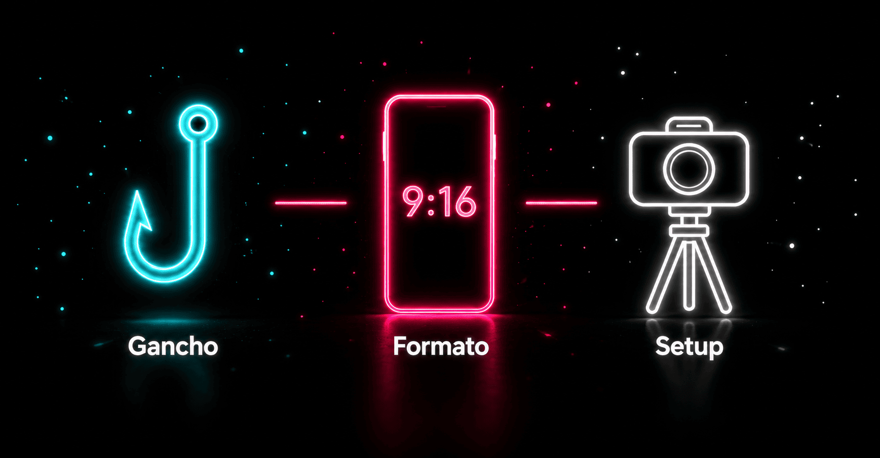 Tres iconos neon representando los elementos clave para dominar las vistas en TikTok.