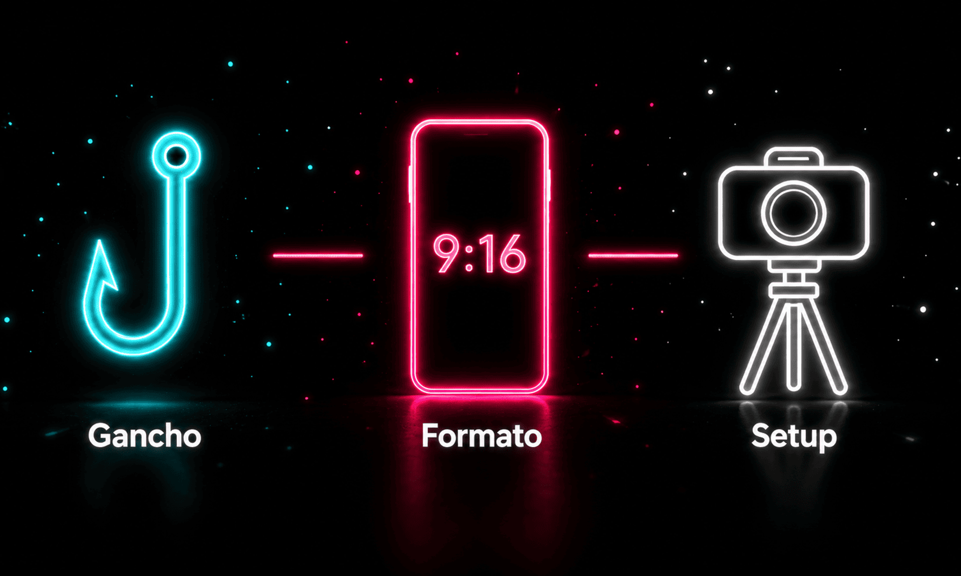 Tres iconos neon representando los elementos clave para dominar las vistas en TikTok.