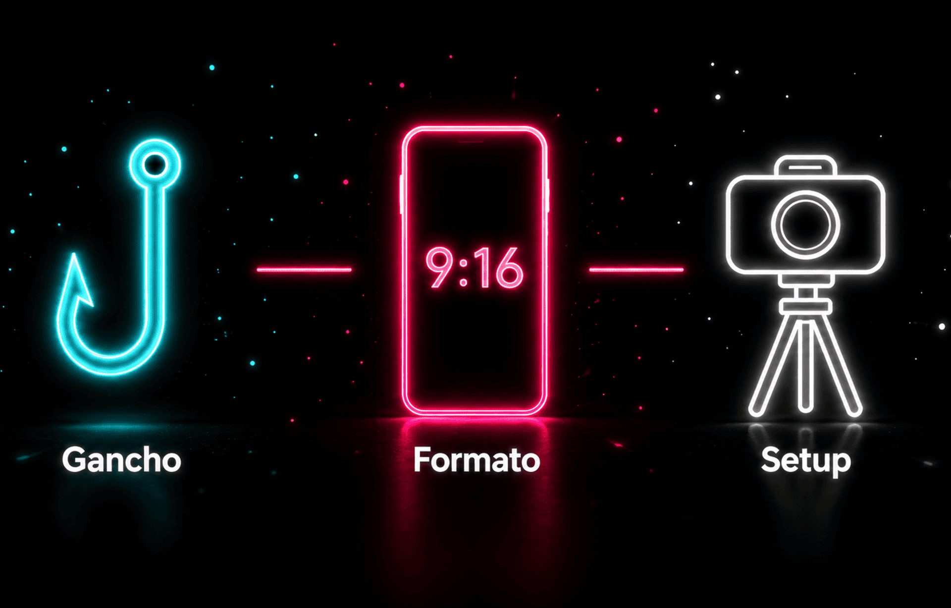 Tres iconos neon representando los elementos clave para dominar las vistas en TikTok.