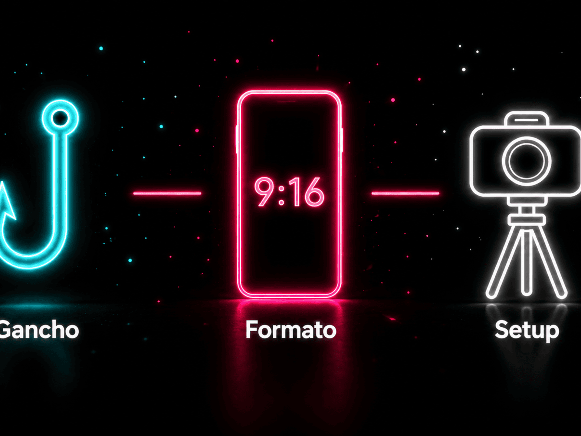 Tres iconos neon representando los elementos clave para dominar las vistas en TikTok.