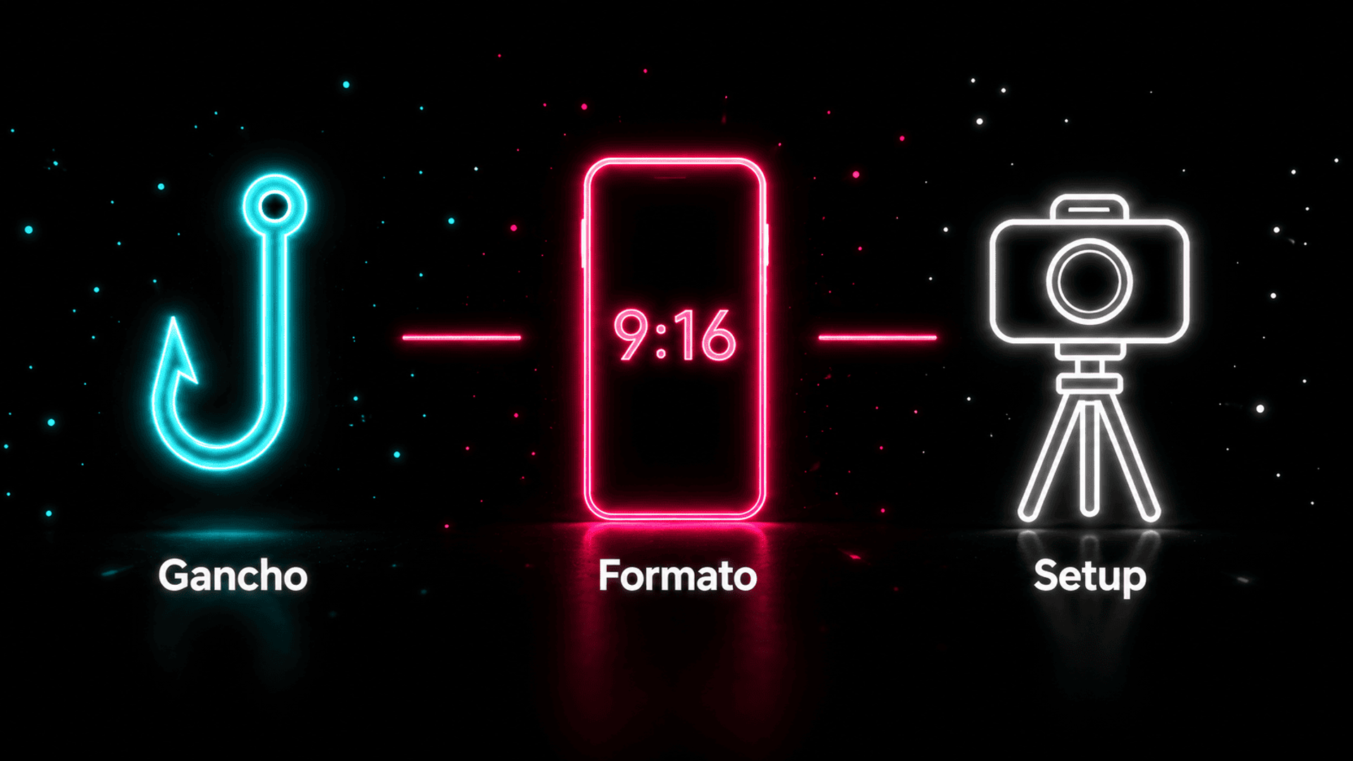 Tres iconos neon representando los elementos clave para dominar las vistas en TikTok.