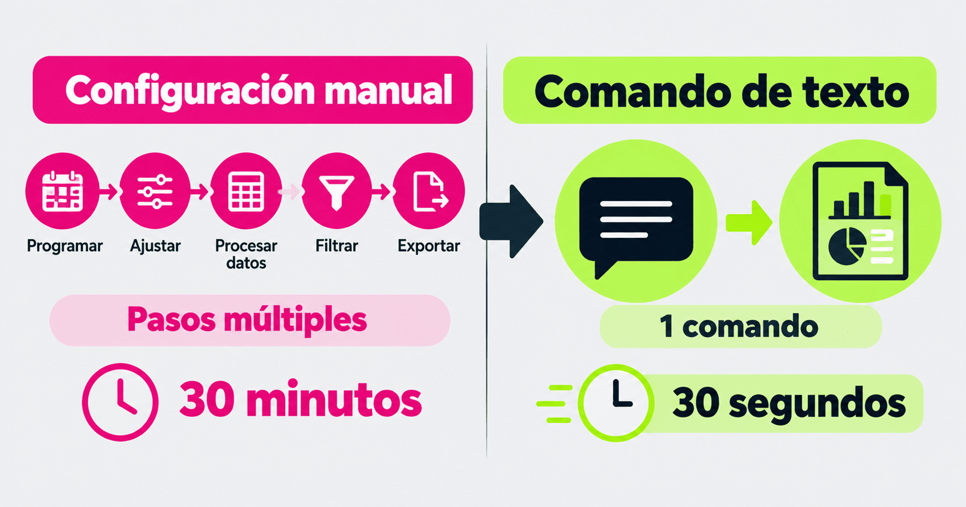 Comparación entre configuración manual de 30 minutos y comando de texto de 30 segundos.