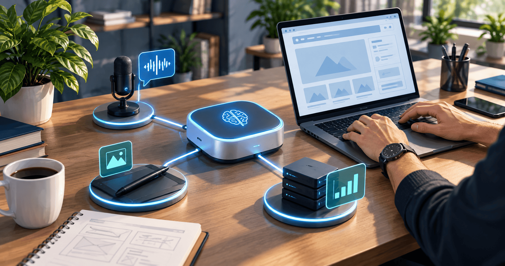 Módulo de IA conectado a herramientas de voz, diseño y datos en un espacio de trabajo.