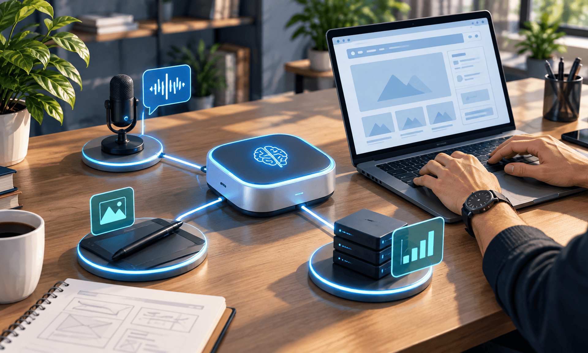 Módulo de IA conectado a herramientas de voz, diseño y datos en un espacio de trabajo.