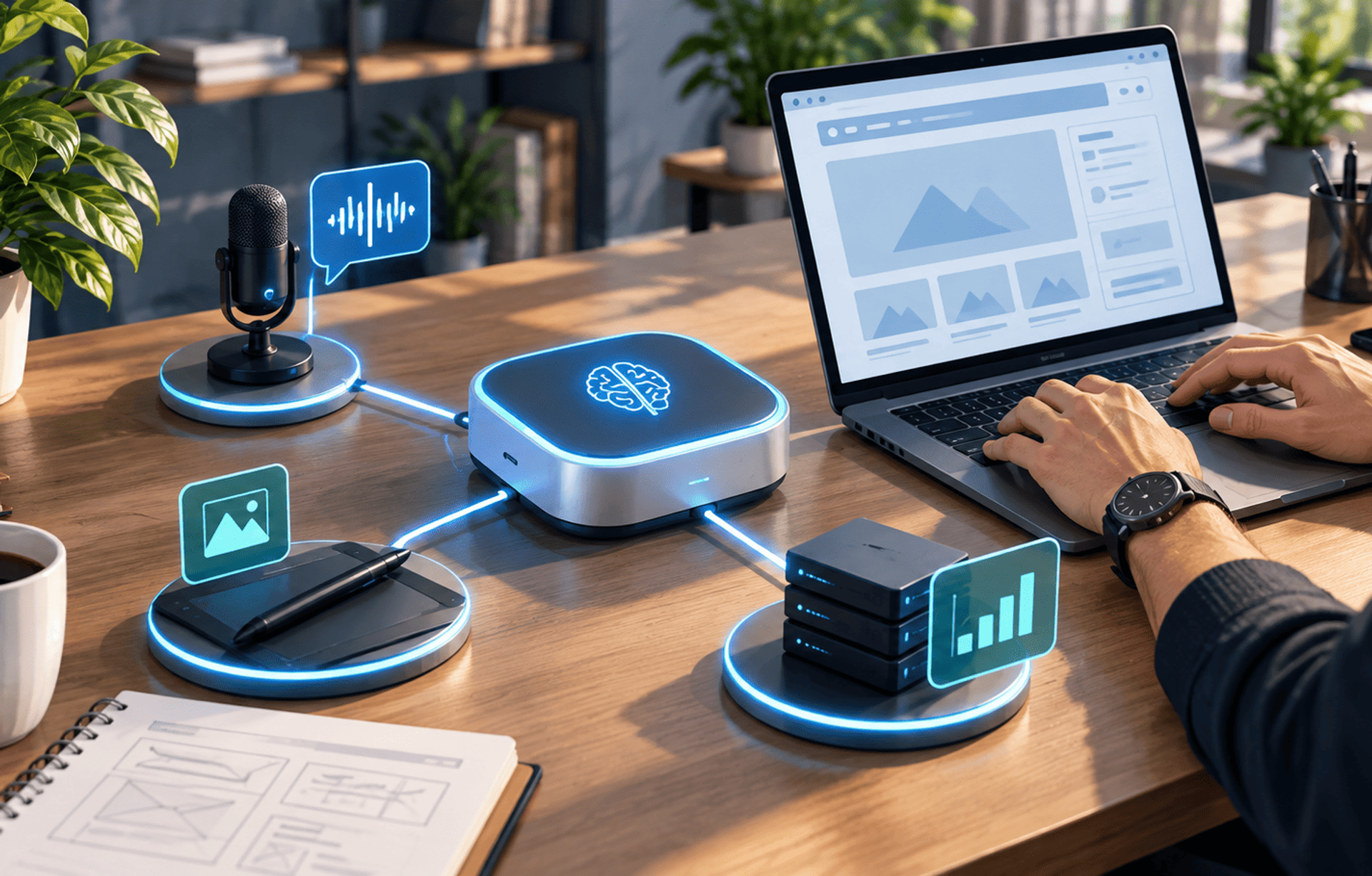 Módulo de IA conectado a herramientas de voz, diseño y datos en un espacio de trabajo.