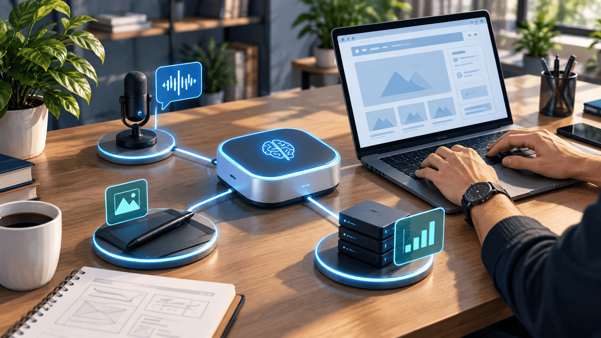 Módulo de IA conectado a herramientas de voz, diseño y datos en un espacio de trabajo.