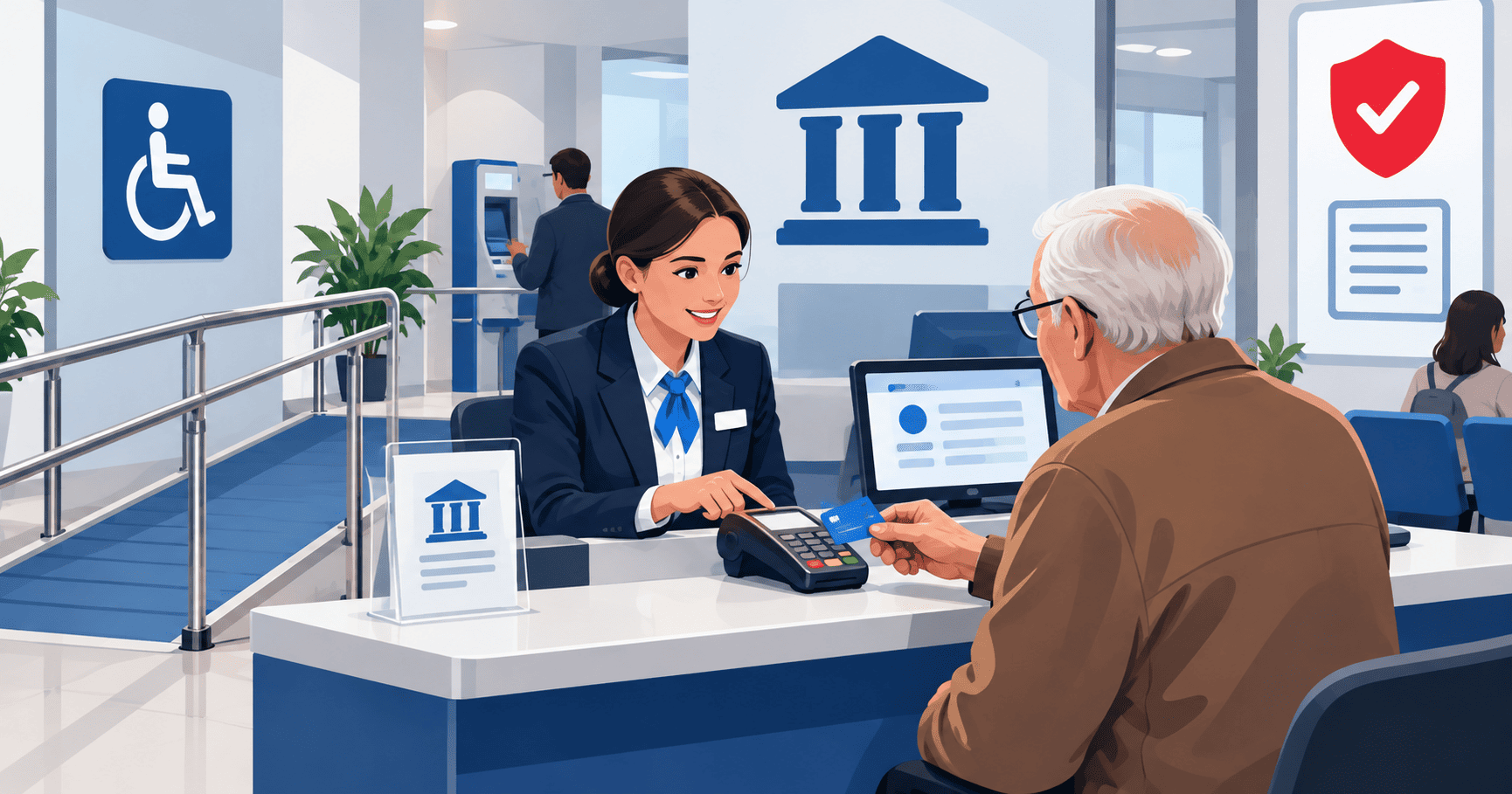 Empleado bancario ayuda a un cliente mayor a realizar un pago en una sucursal accesible.