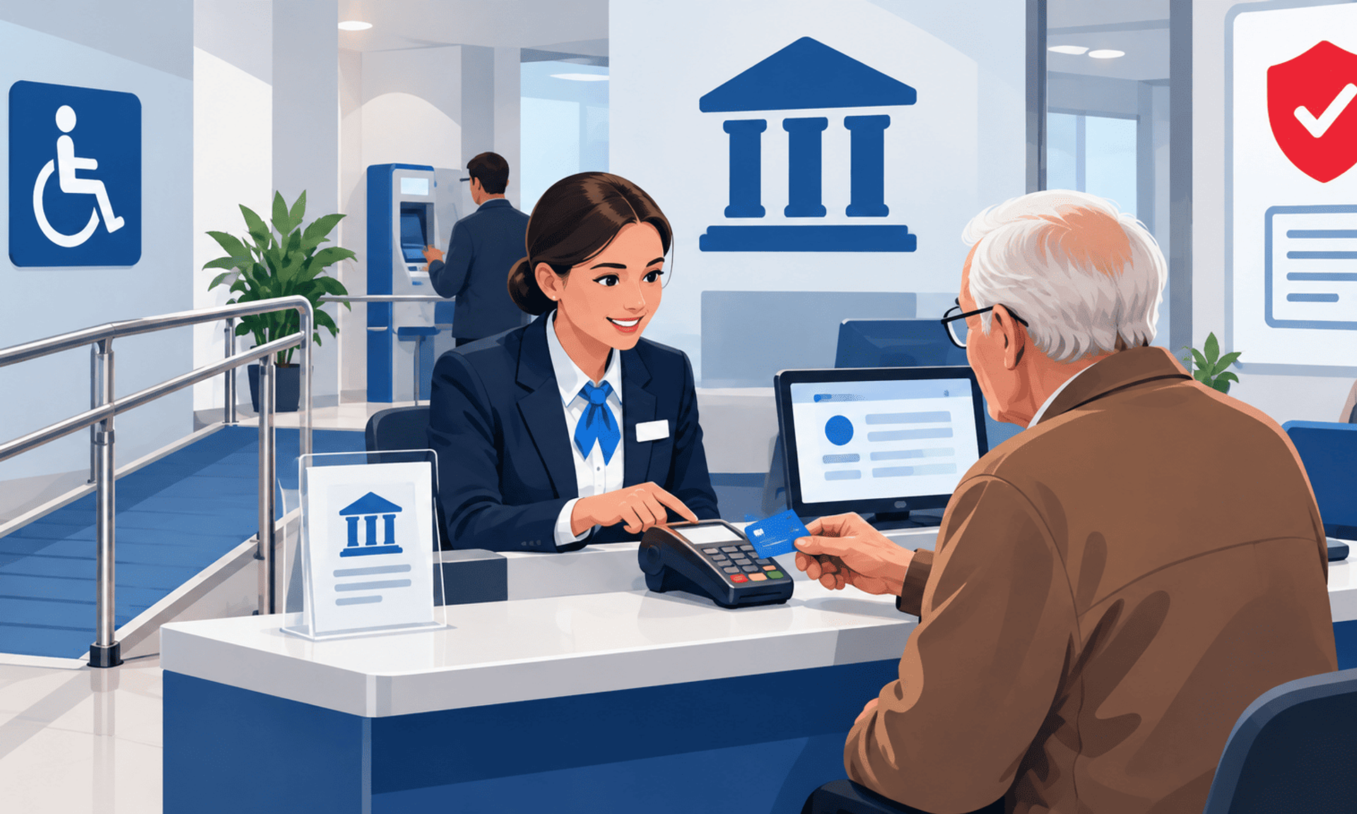 Empleado bancario ayuda a un cliente mayor a realizar un pago en una sucursal accesible.