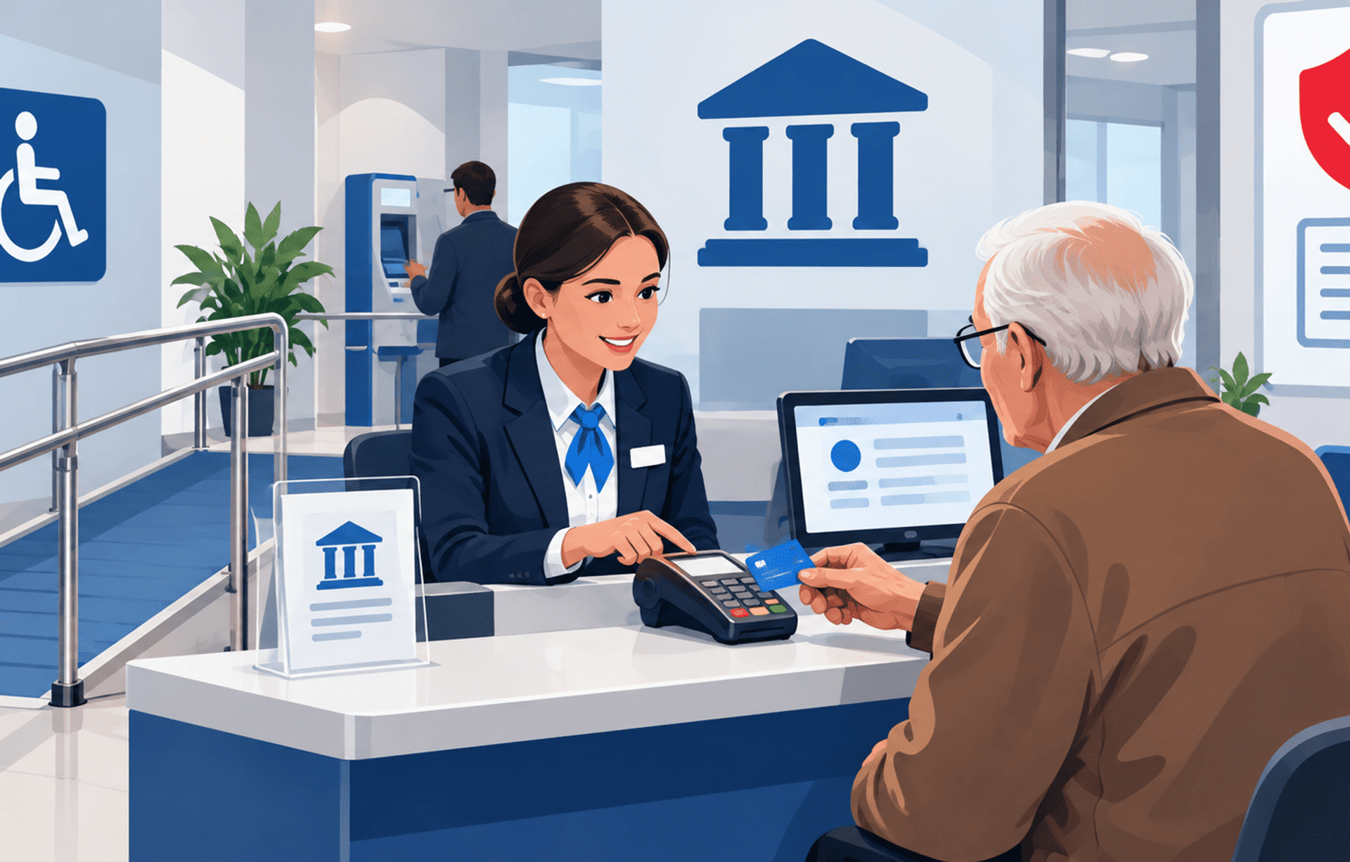 Empleado bancario ayuda a un cliente mayor a realizar un pago en una sucursal accesible.