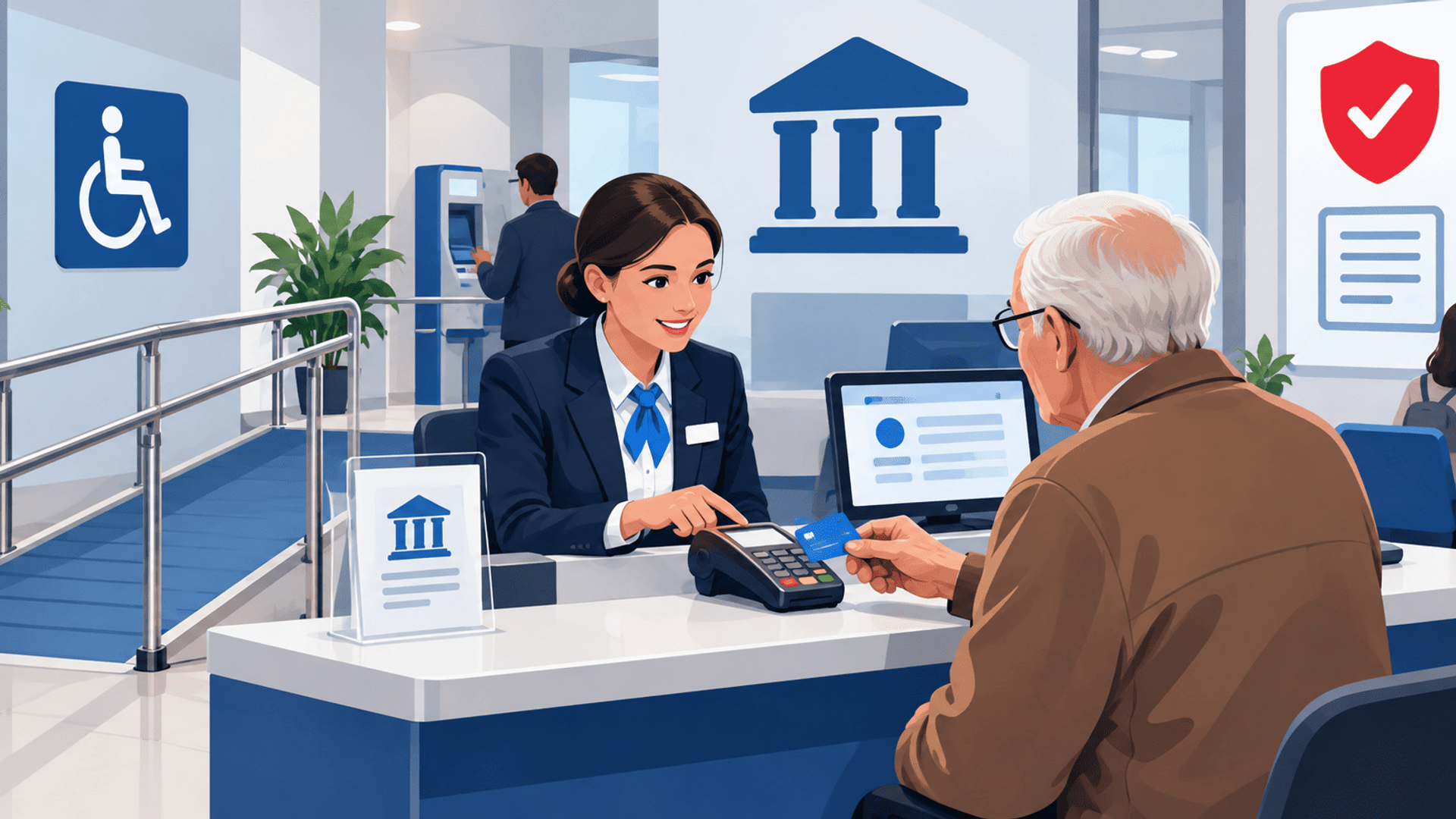 Empleado bancario ayuda a un cliente mayor a realizar un pago en una sucursal accesible.