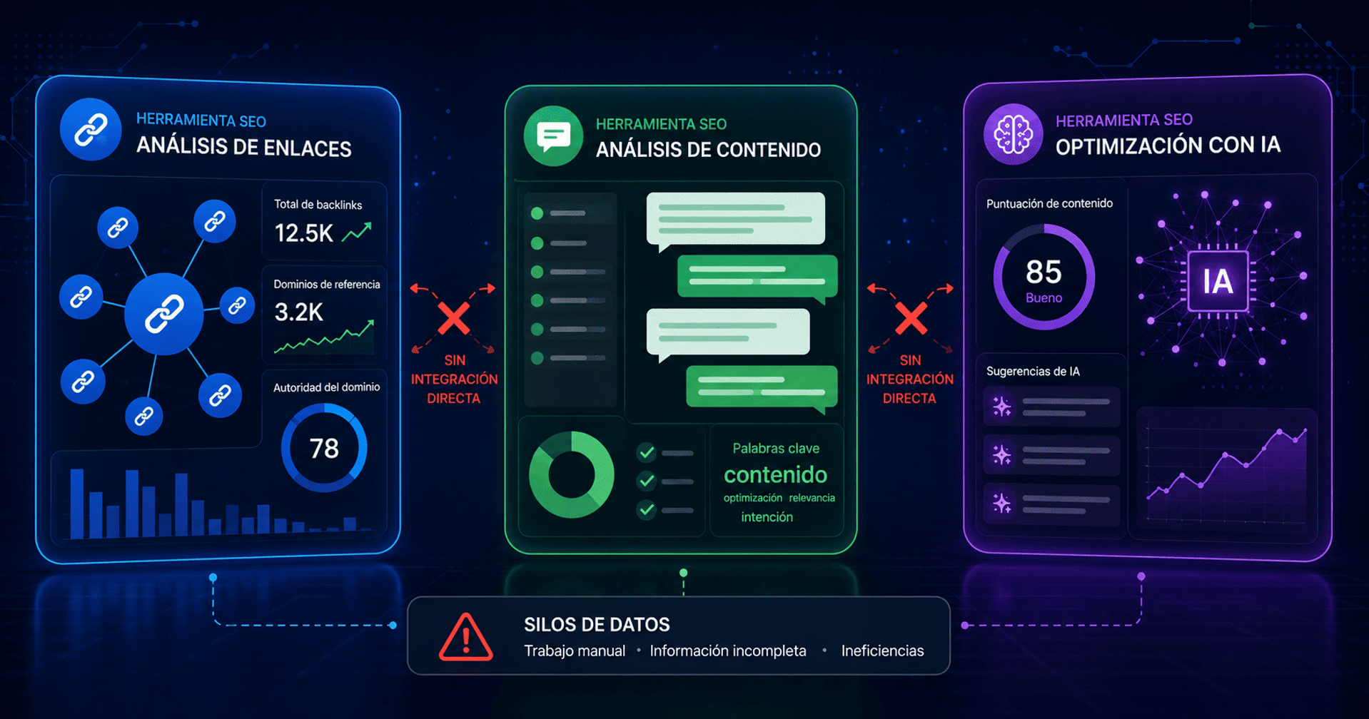 Comparación visual de tres herramientas SEO con análisis de enlaces, contenido e inteligencia artificial sin integración directa.