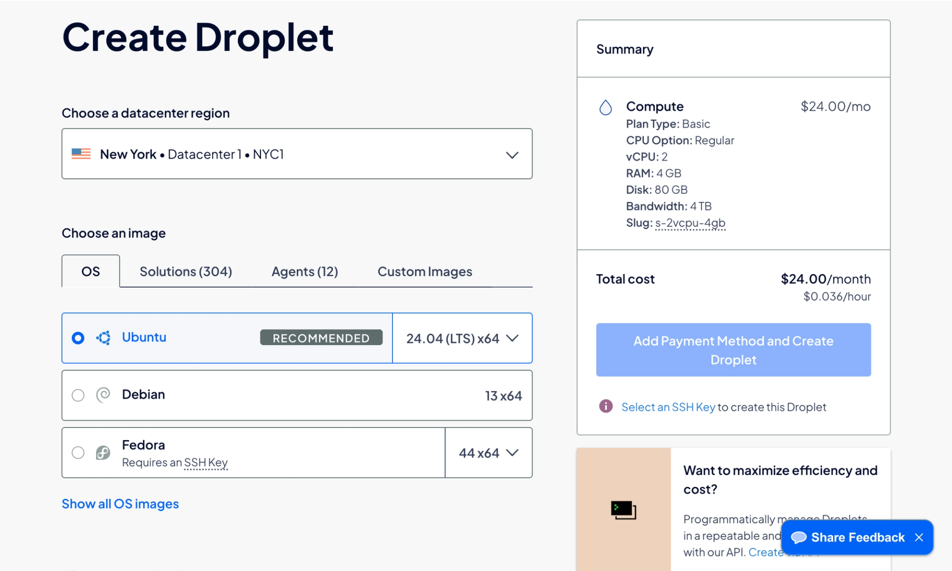 Configuración de un Droplet en DigitalOcean con Ubuntu 24.04, 4 GB de RAM y 80 GB.