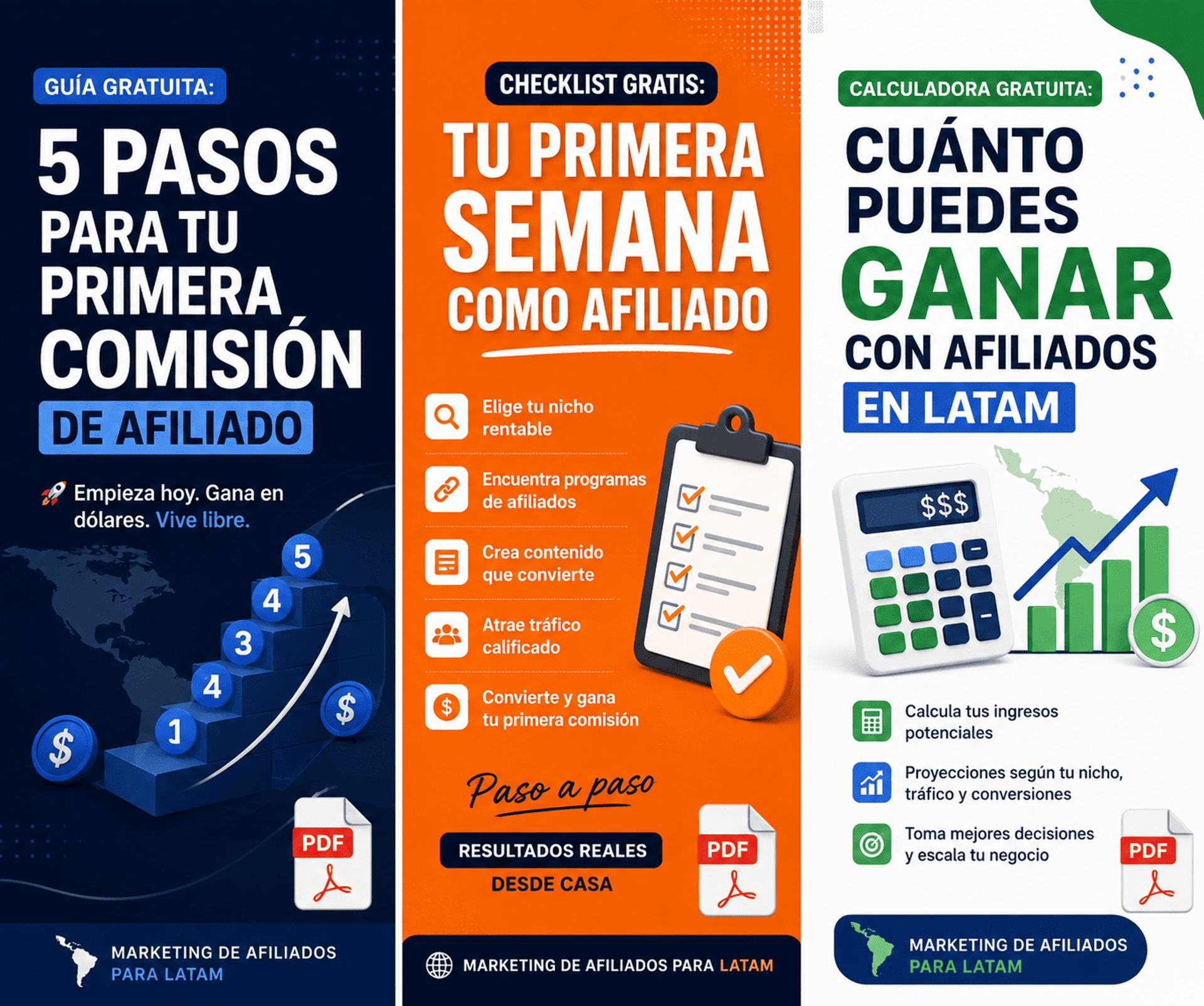 Tres variantes de portada de guía PDF para marketing de afiliados en LATAM
