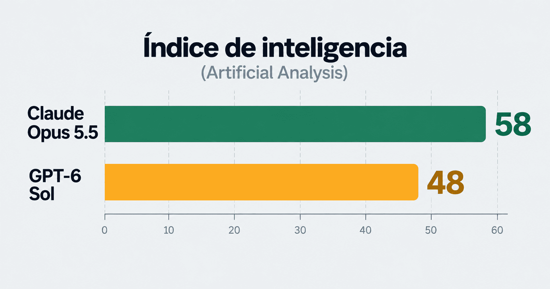Comparación del índice de inteligencia: Claude Opus 5.5 obtiene 58 y GPT-6 Sol 48.