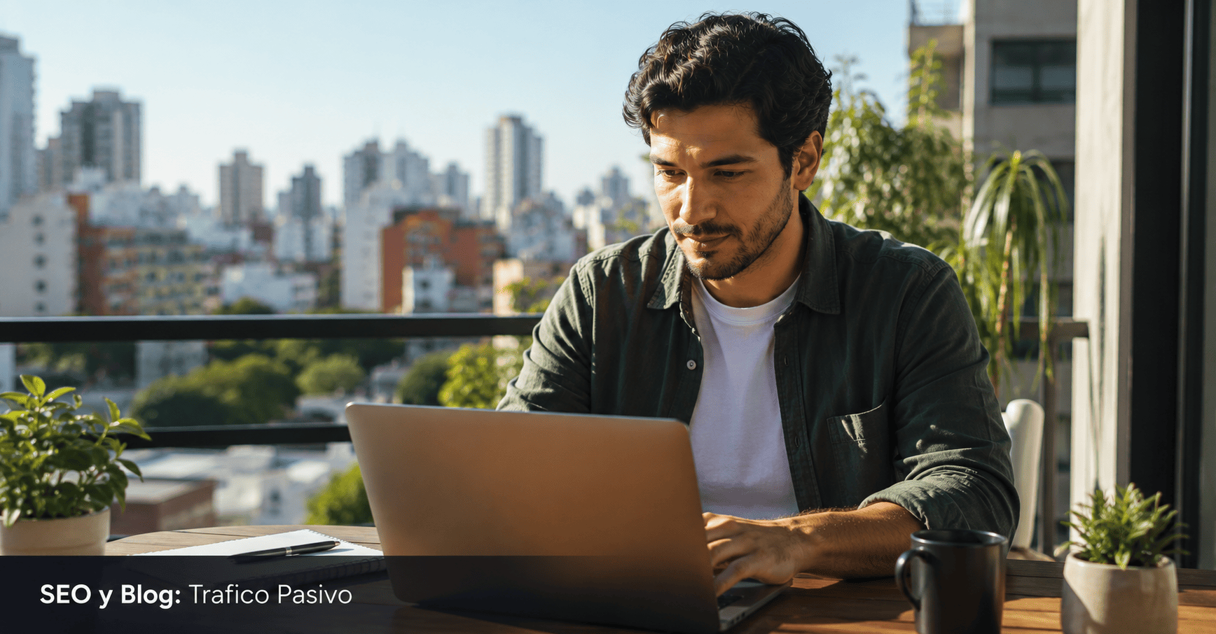 Hombre joven latinoamericano trabajando en laptop en terraza.