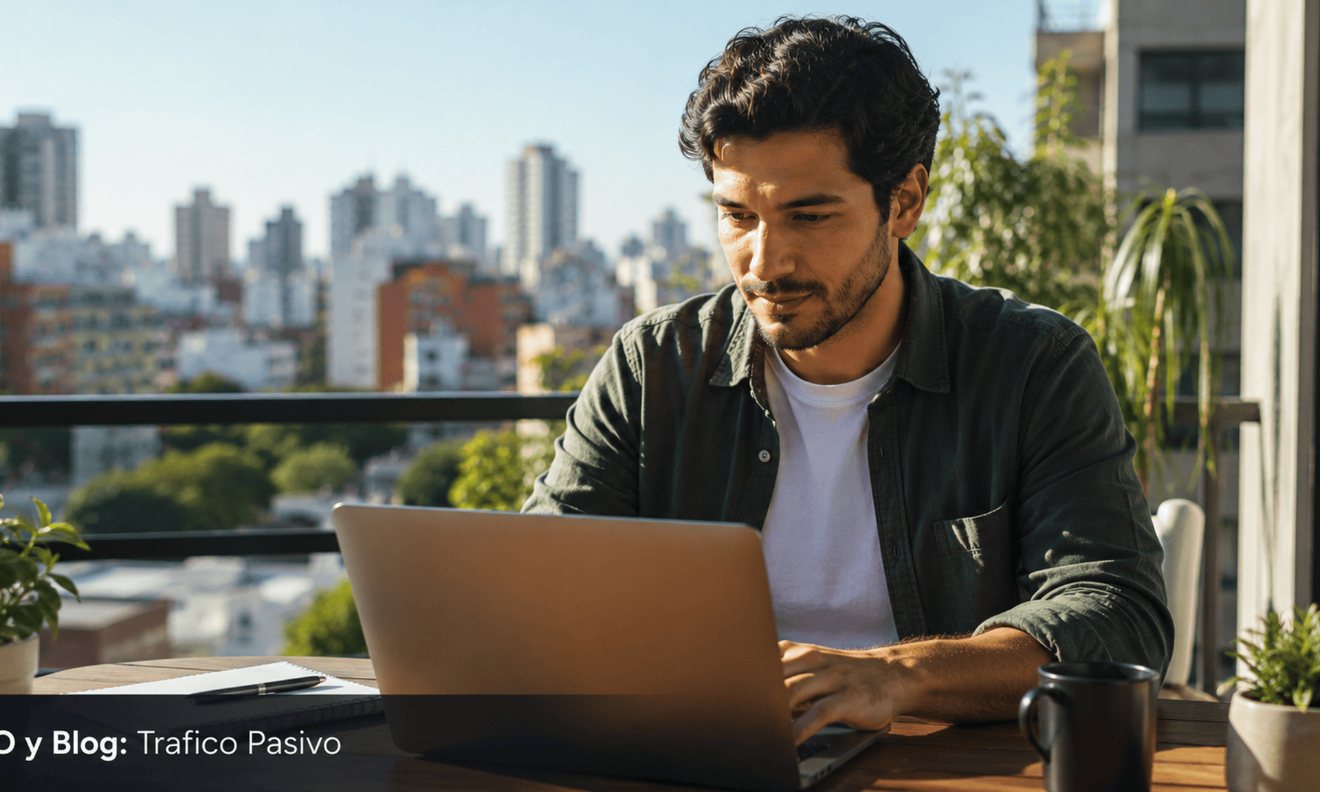 Hombre joven latinoamericano trabajando en laptop en terraza.
